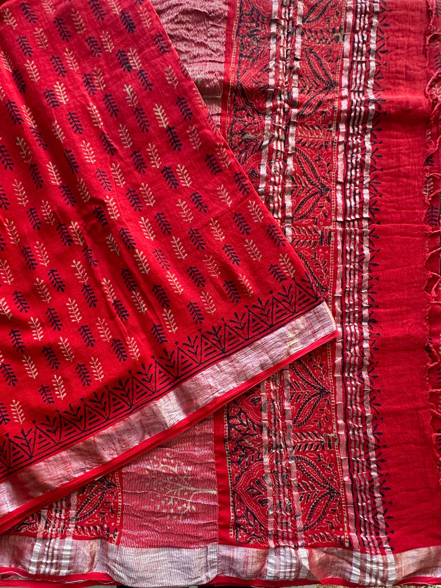 Red Hand Block Printed Linen Saree