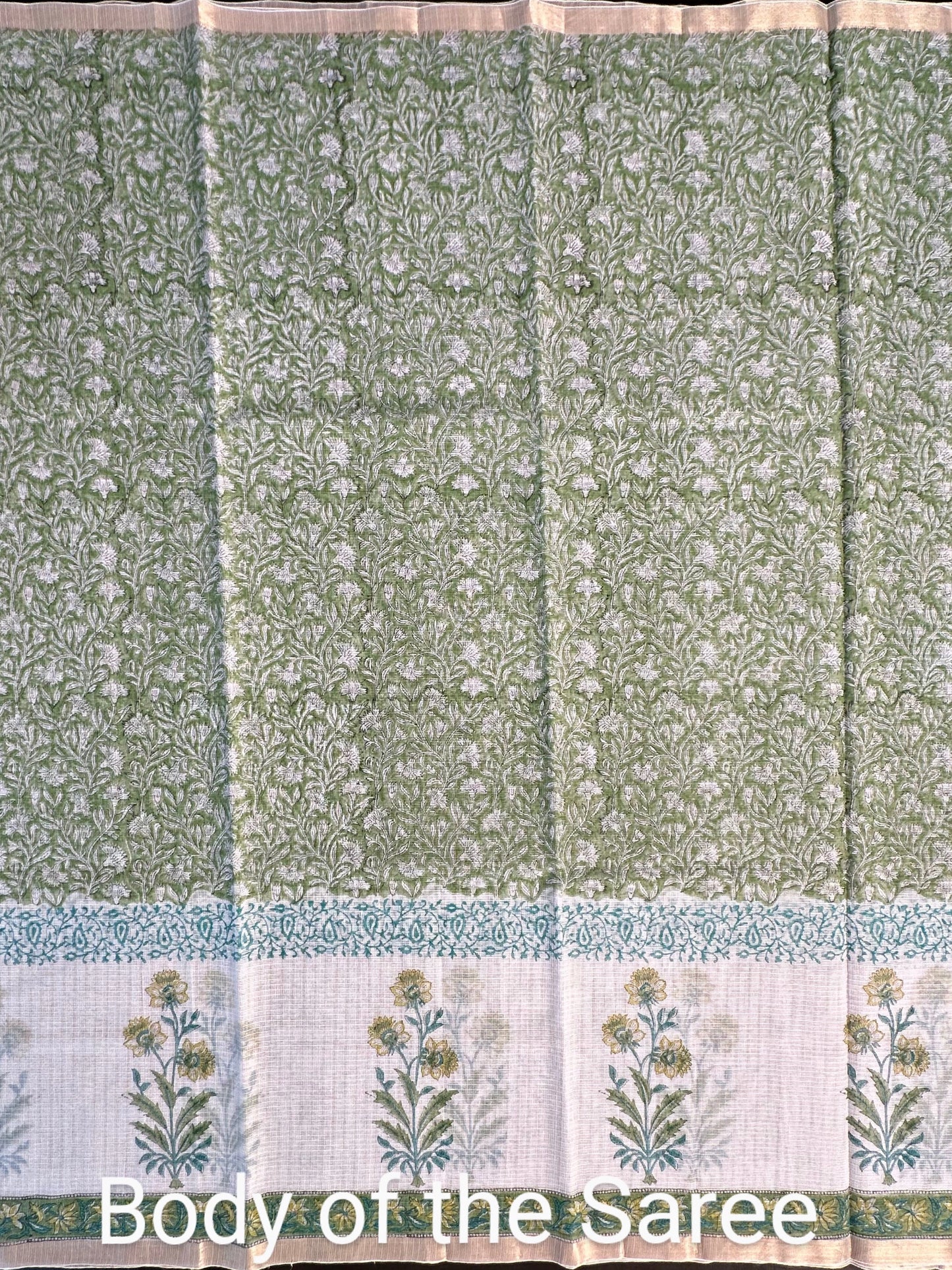 Off White- Green Block Printed Kota Doria Cotton Saree