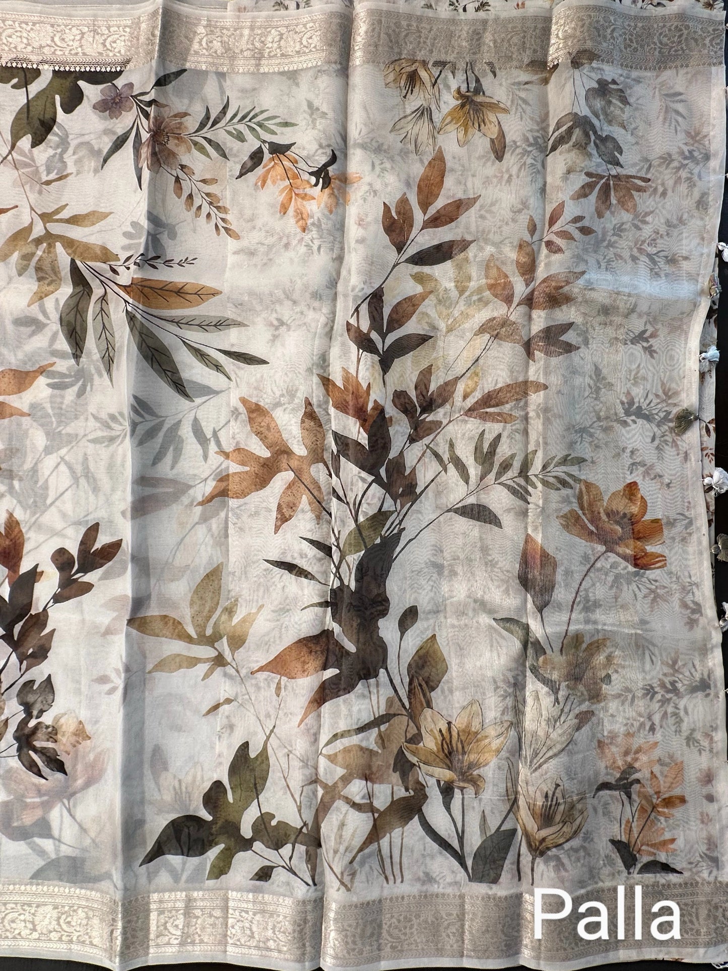 Off White - Multi Floral Print Organza Saree
