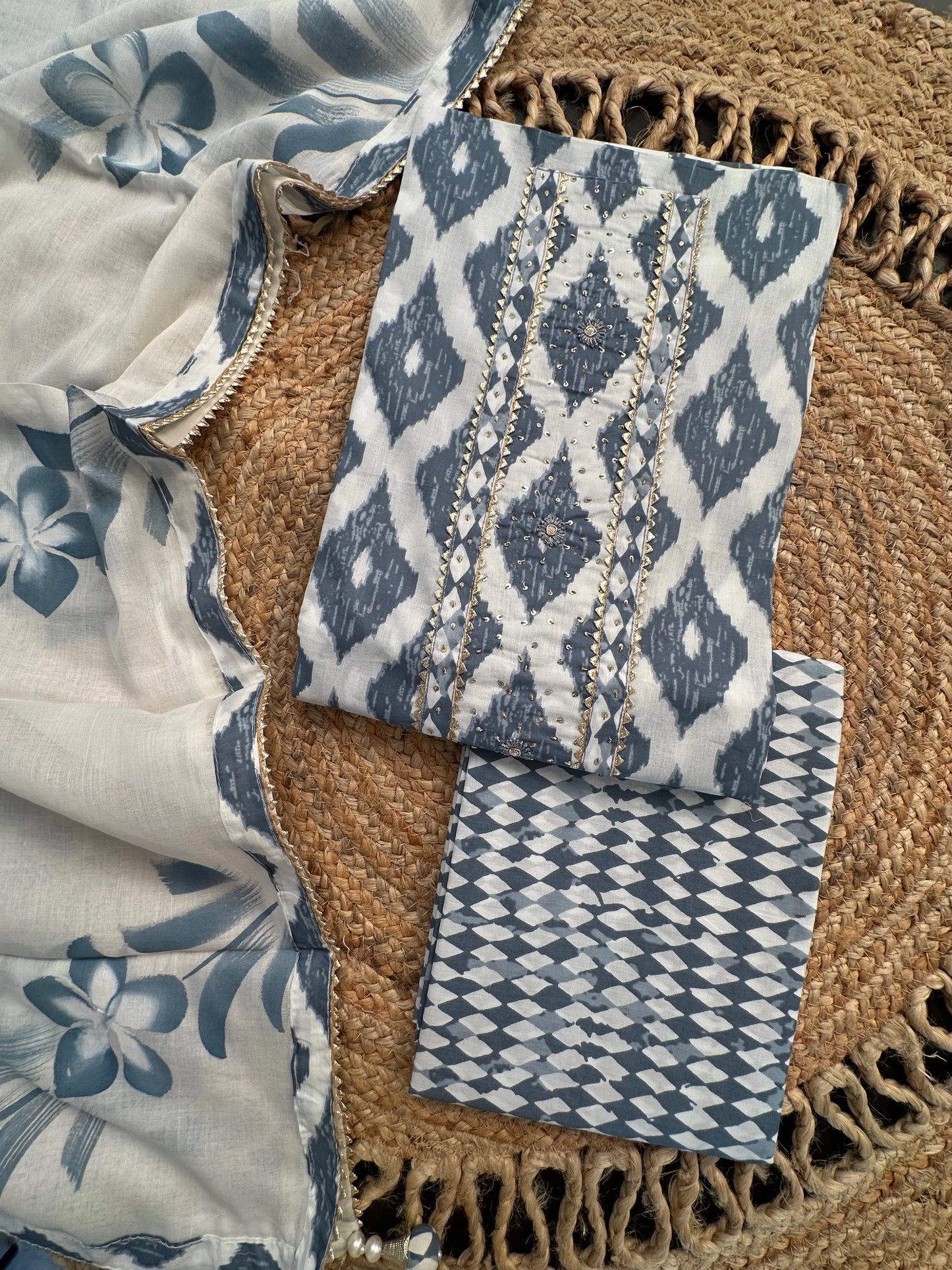 Off White- Grey Printed Cotton 3-Piece Suit With Hand Painted Dupatta