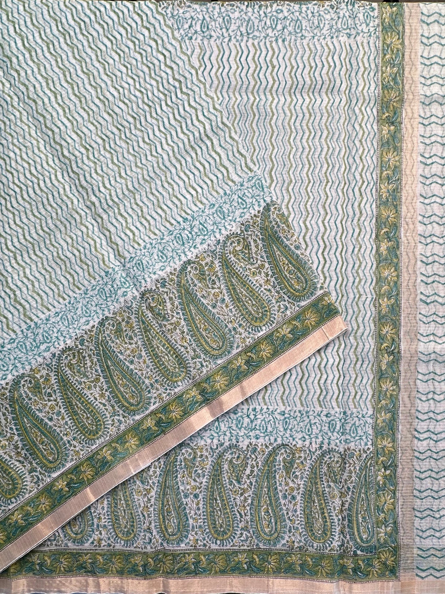 Sea Green Block Printed Kota Doria Cotton Saree