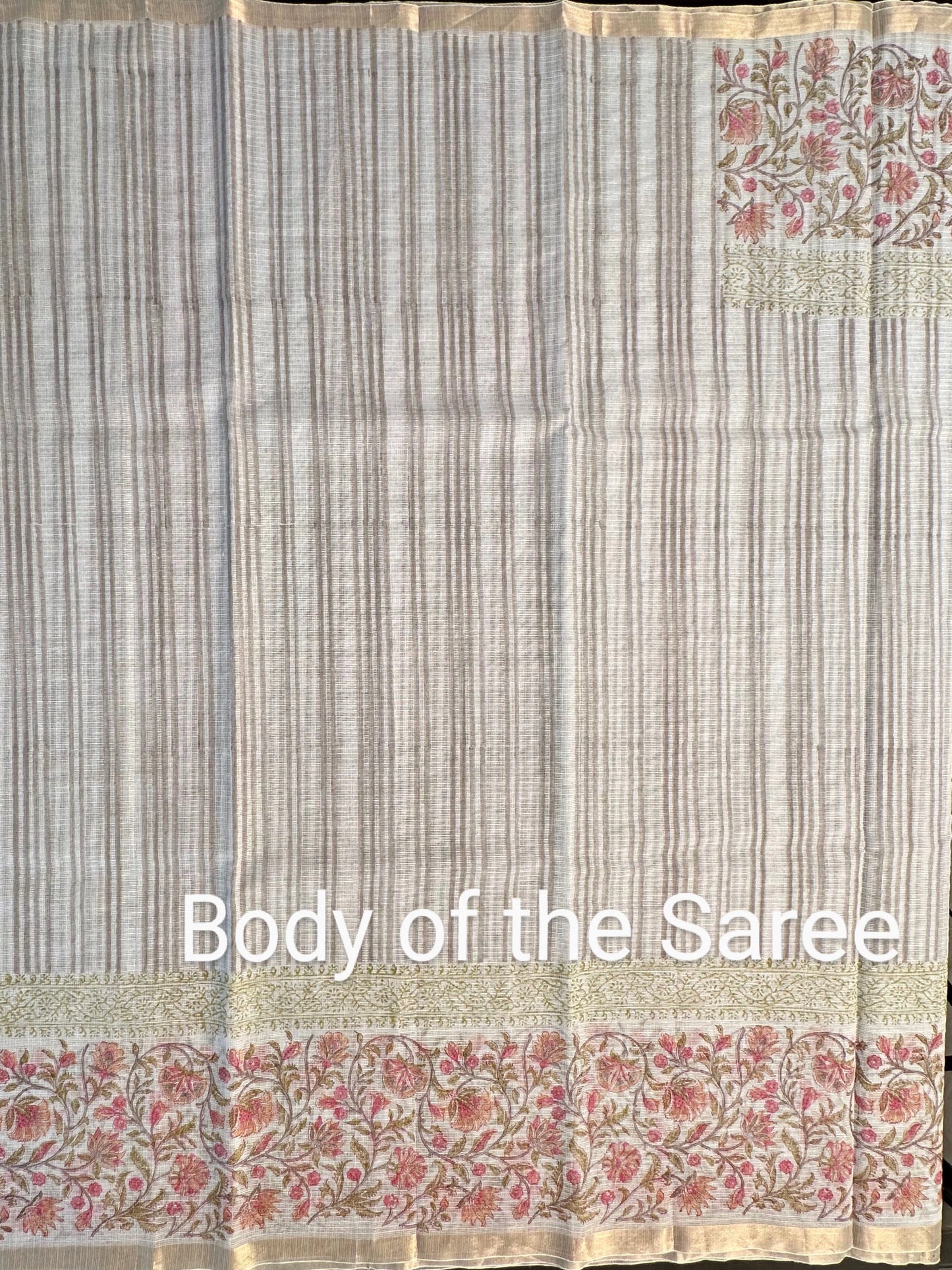 Off White-Grey Block Printed Kota Doria Cotton saree