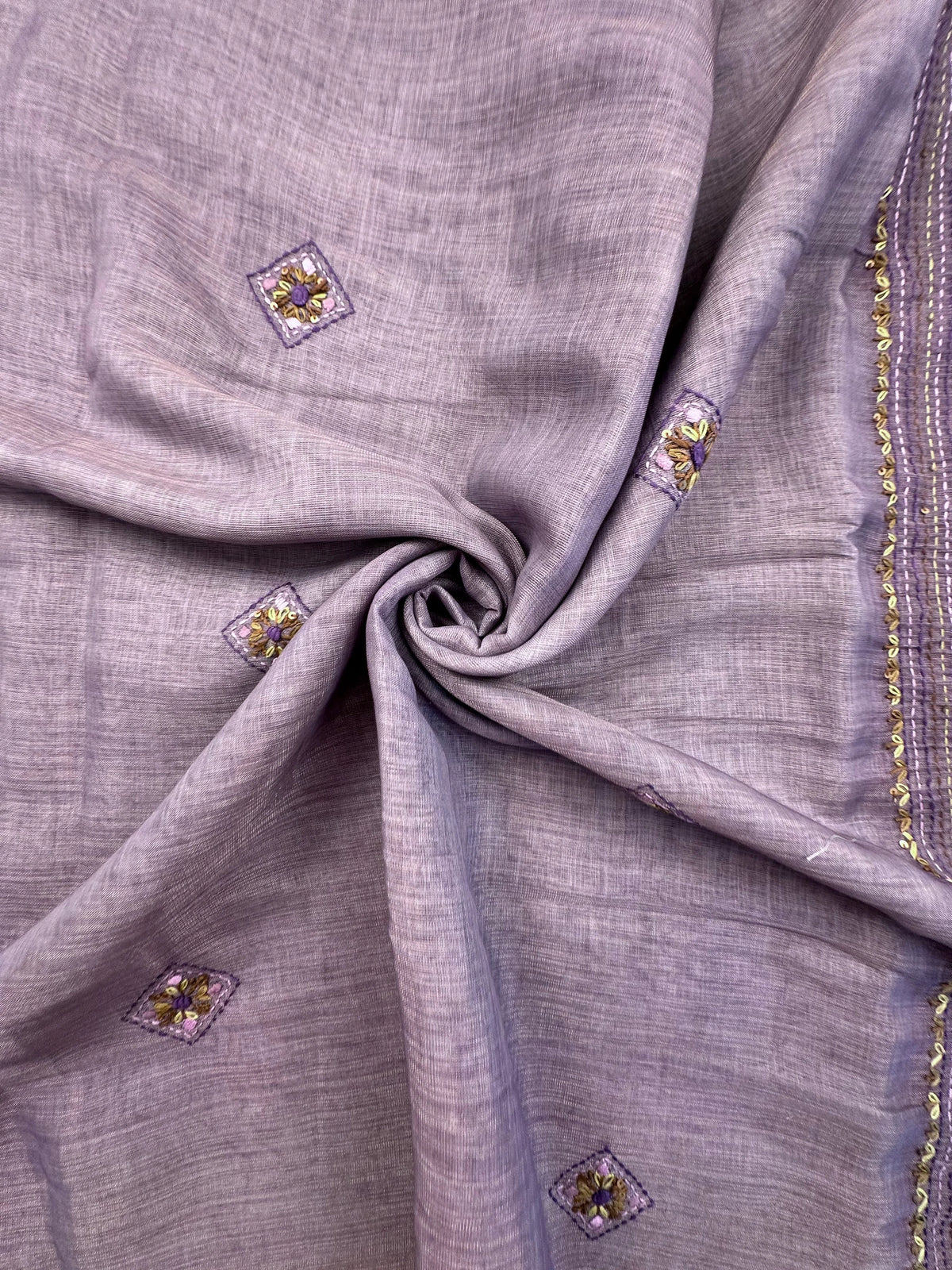 Purple Blended Cotton Saree with Hand Embroidery