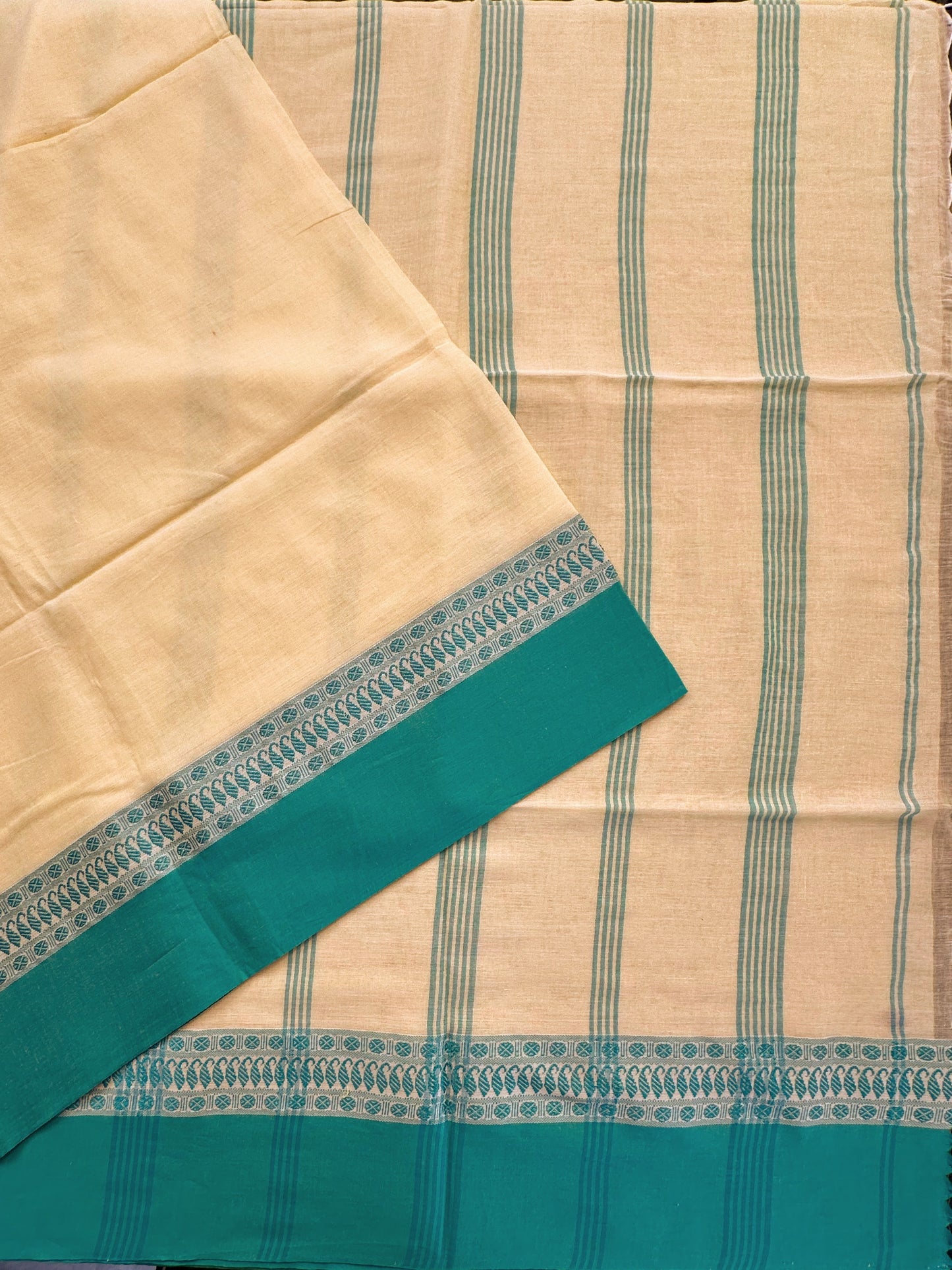Lemon-Sea Green Tripura Cotton Saree
