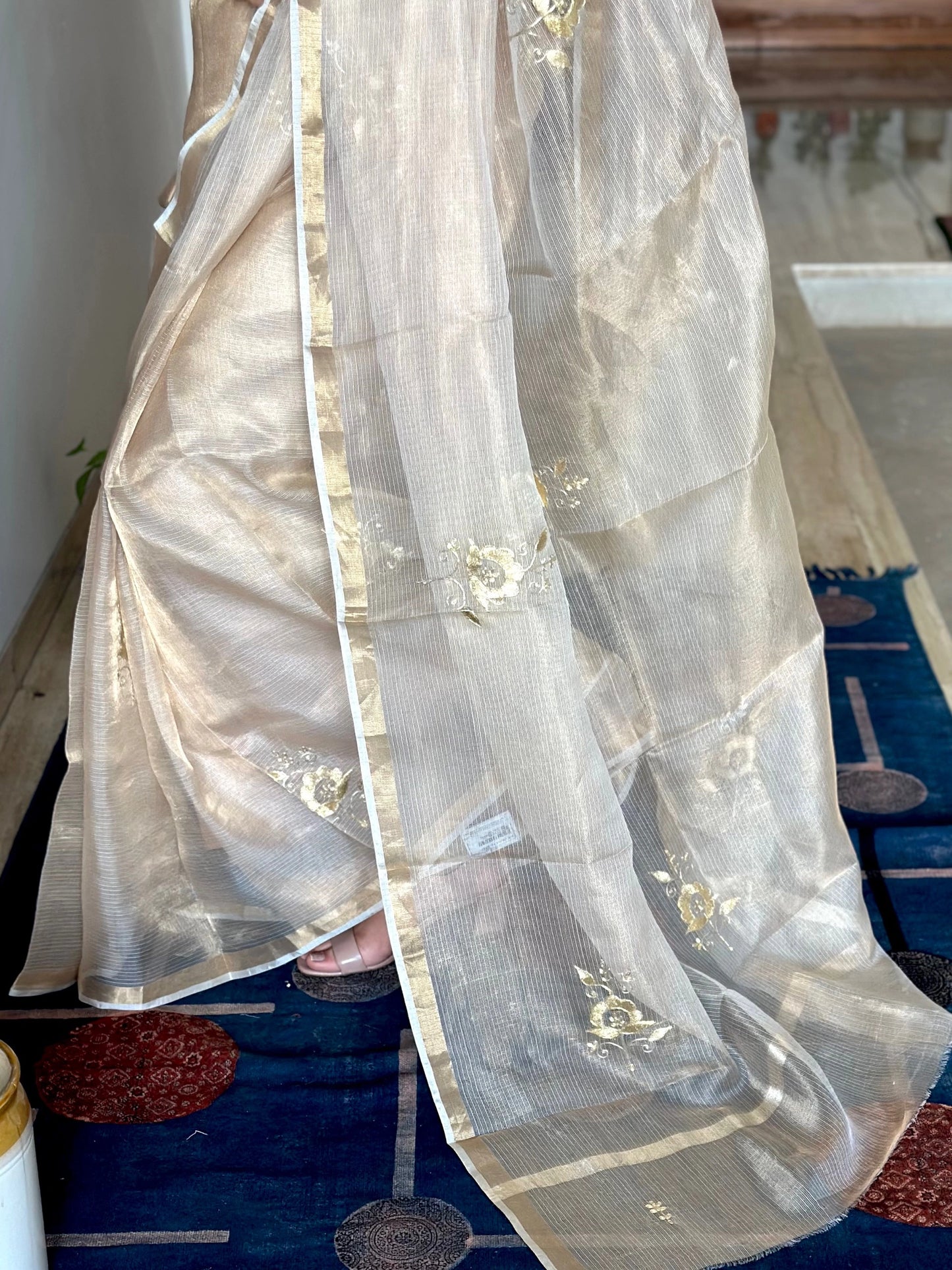 Light Gold Pittan Work Kota Doria Silk Saree