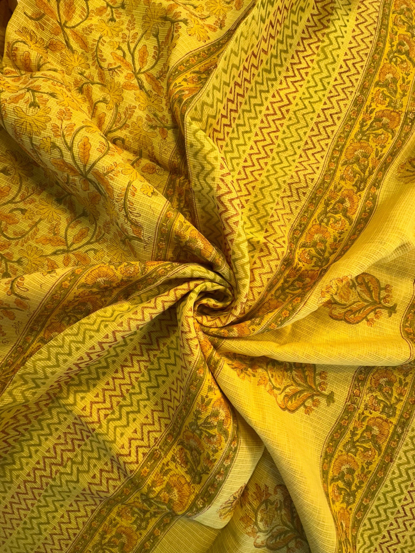Yellow Block Print Kota Doria Cotton Saree