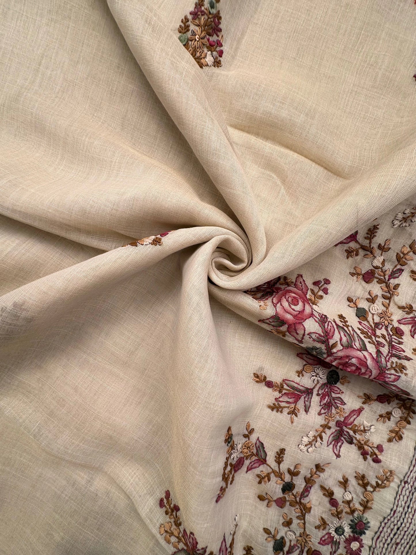 Cream Blended Cotton Saree with Handwork