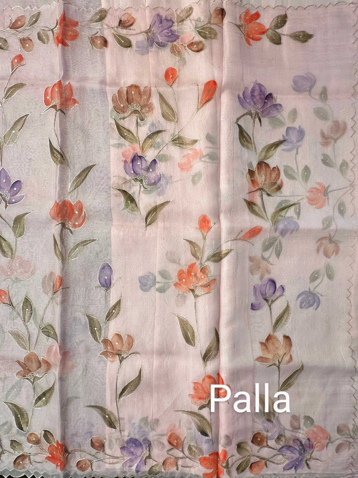 Baby Pink Floral Print Organza Saree