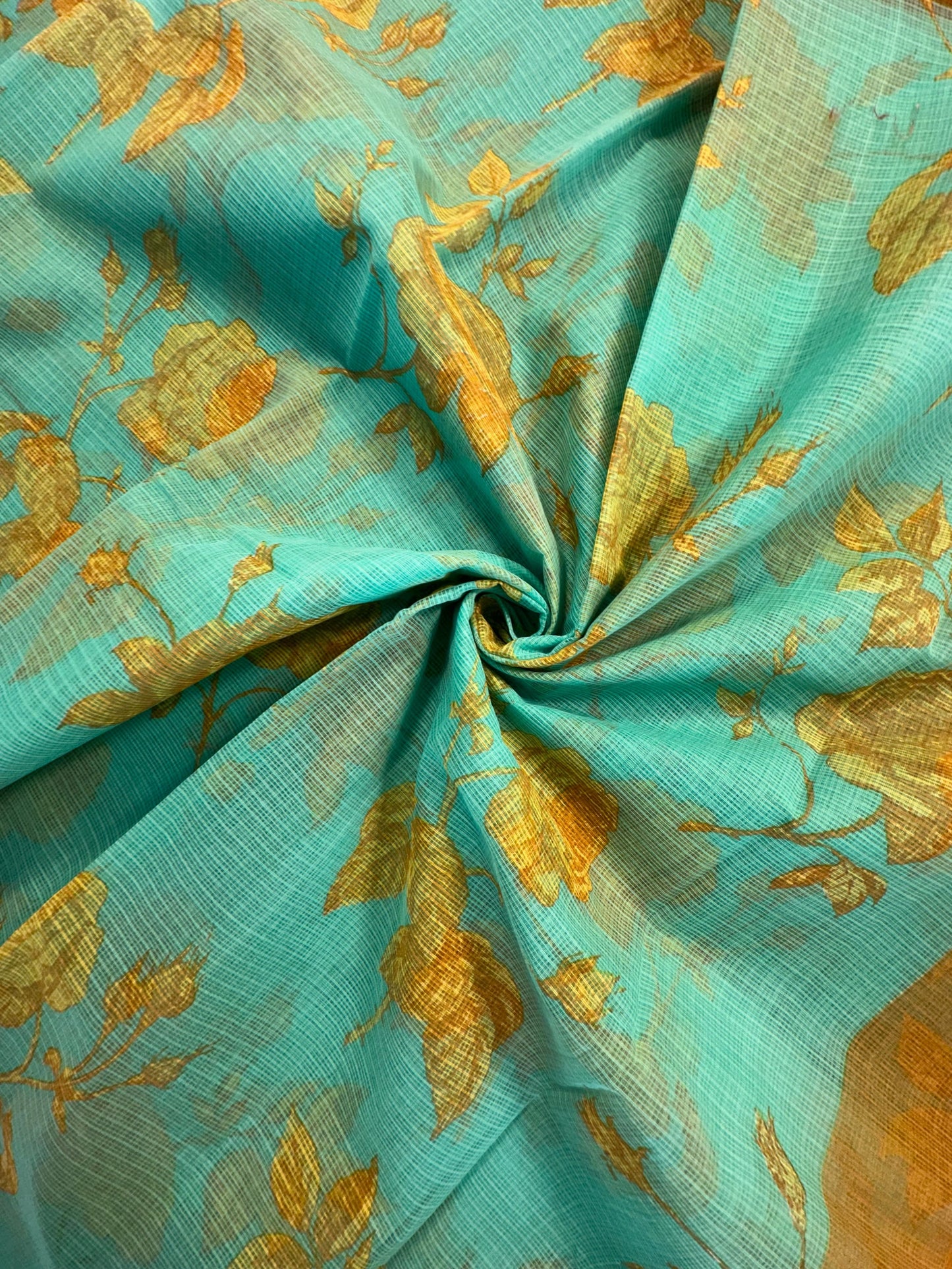 Sea Green Floral Print Kota Doria Cotton Saree