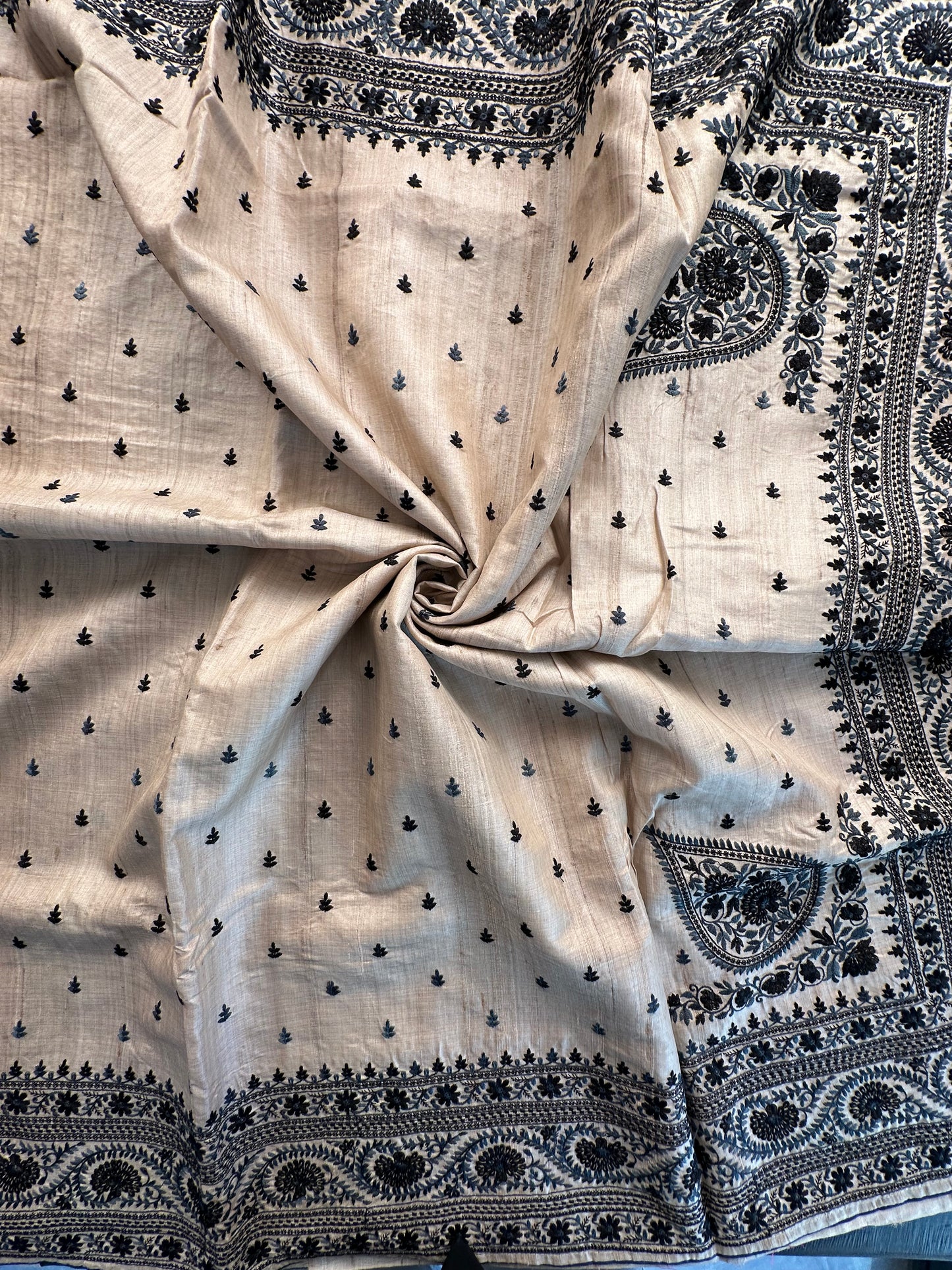 Beige Pure Tussar Silk Saree With Embroidery