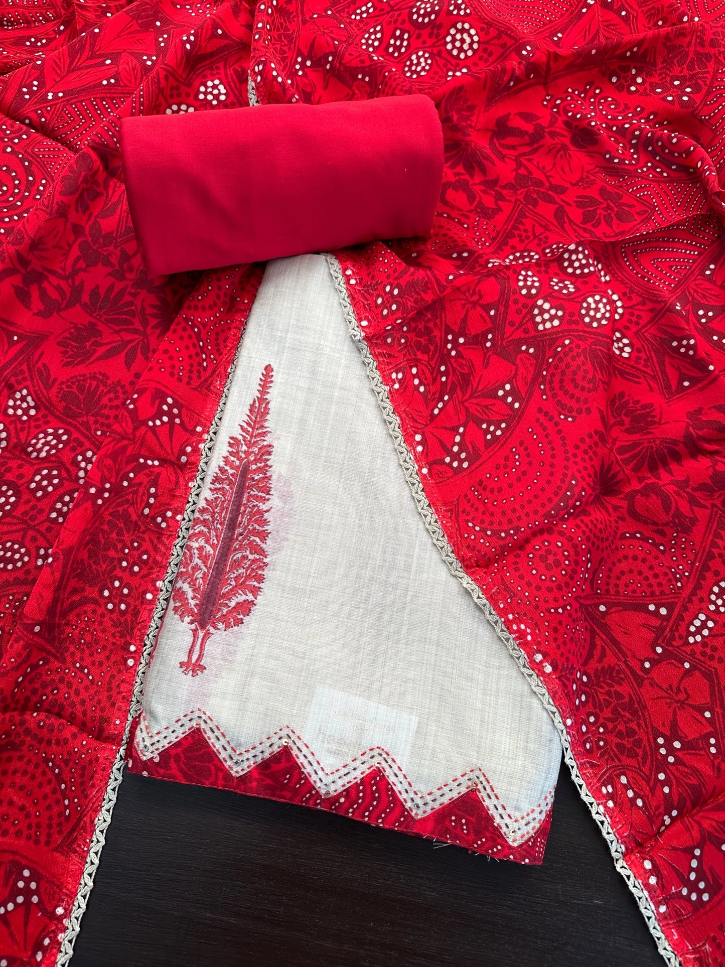 Beige-Red Block Printed Fancy Cotton Suit
