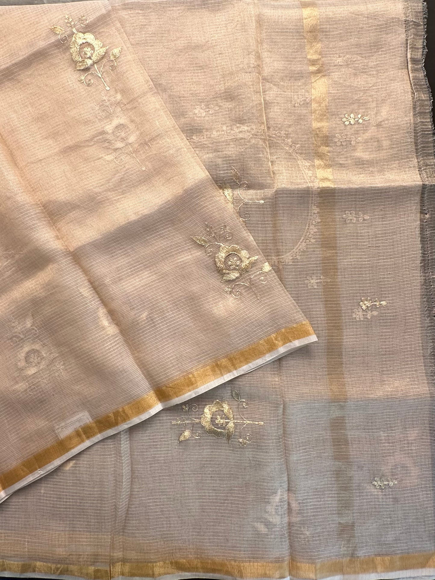 Light Gold Pittan Work Kota Doria Silk Saree