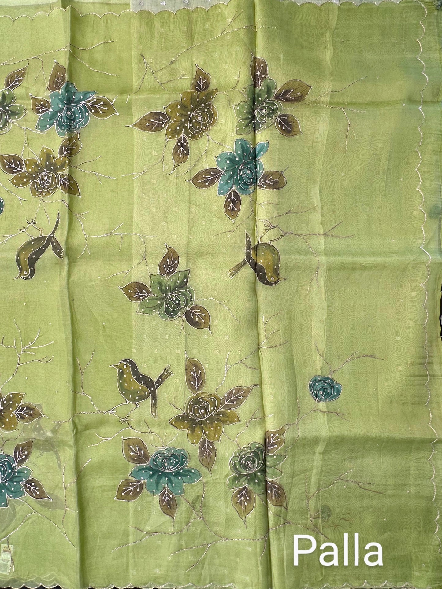 Green Floral Print Organza Saree