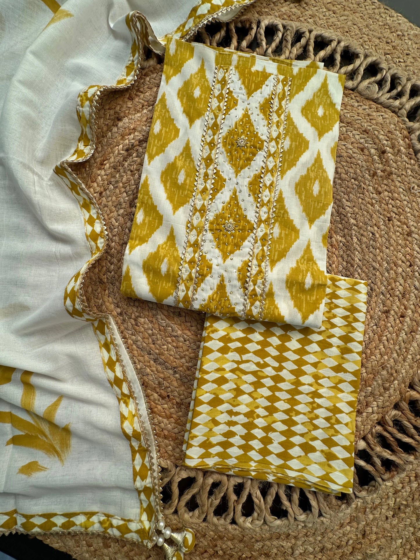 Off White- Mustard Printed Cotton 3-Piece Suit With Hand Painted Dupatta