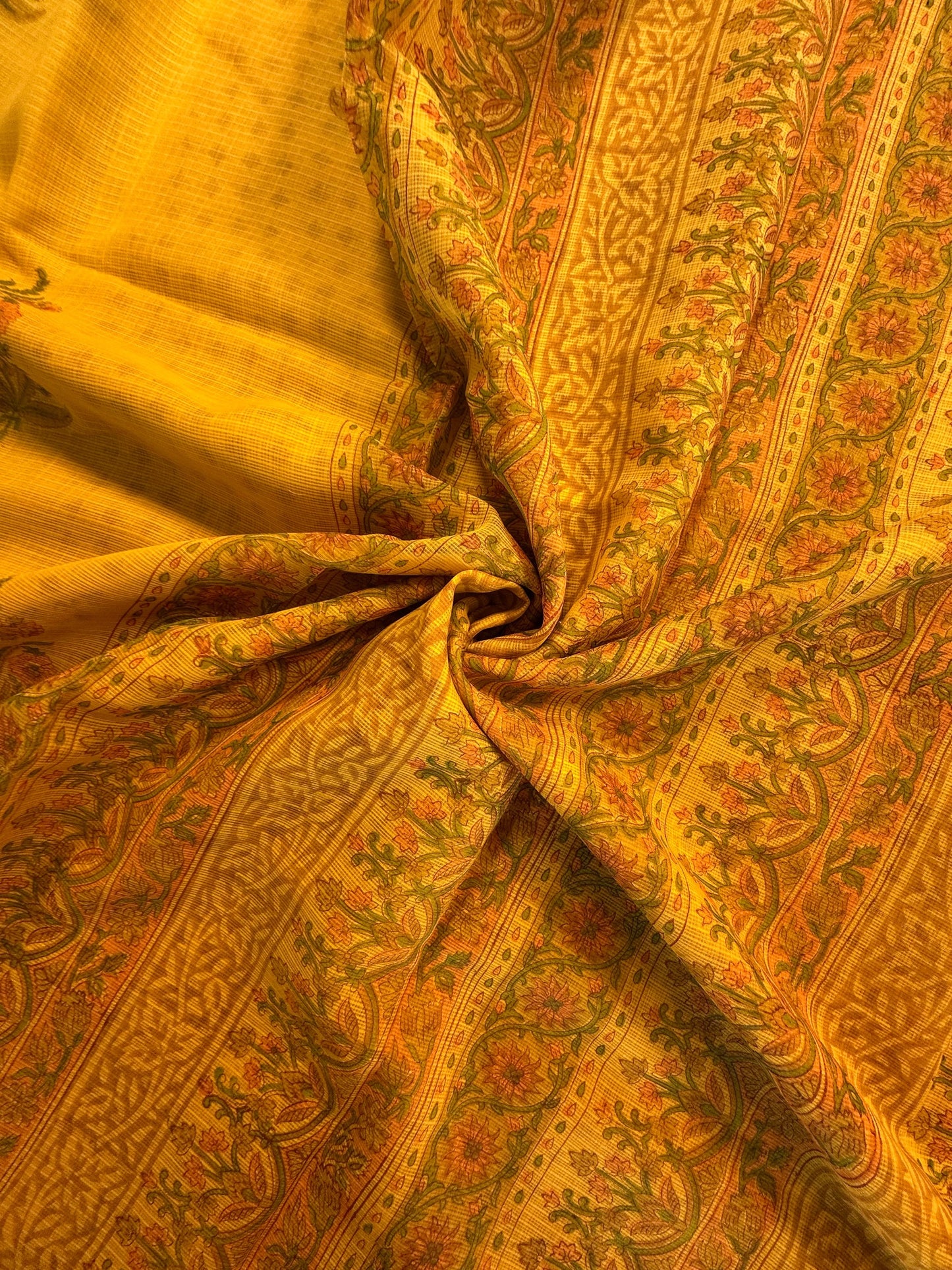 Mustard Block Print Kota Doria Cotton Saree