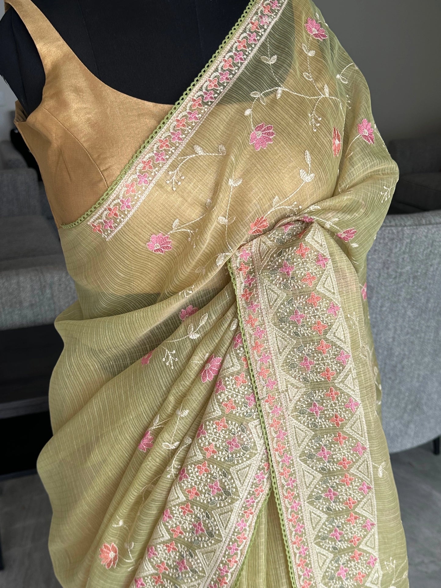 Parrot Green Fancy Tissue Saree