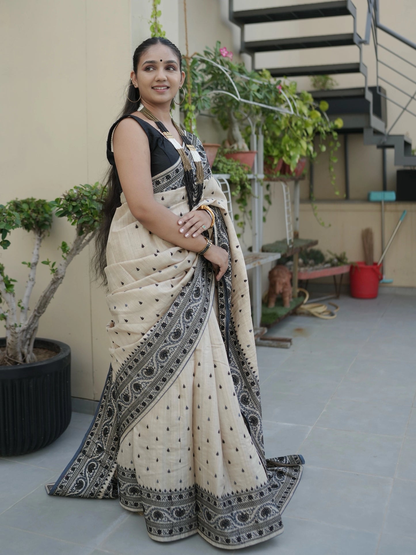 Beige Pure Tussar Silk Saree With Embroidery