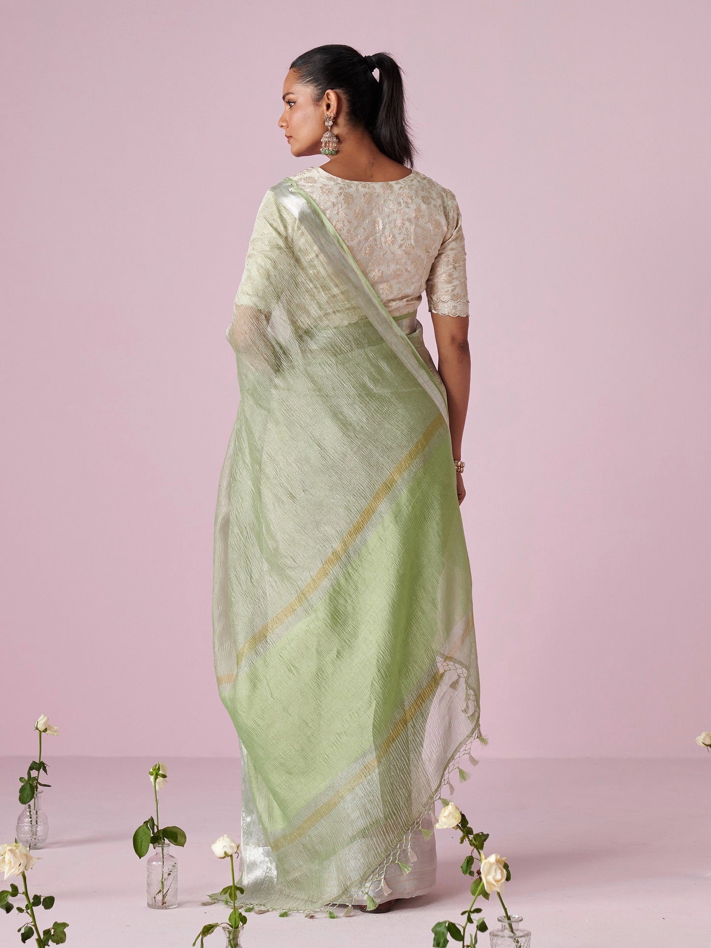 Pista Green Pure Tissue Crush Saree