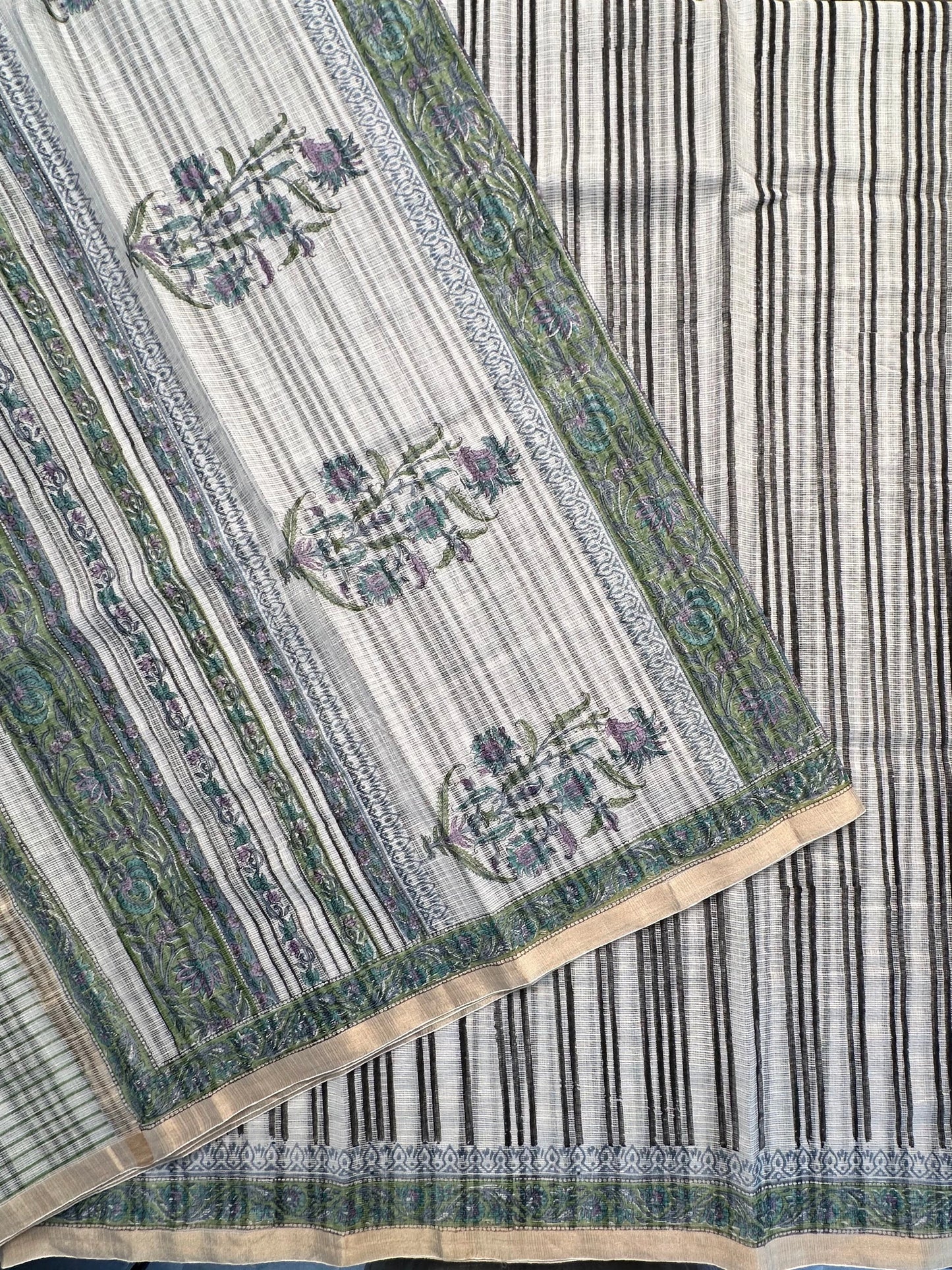 Off White Block Printed Kota Doria Cotton Saree