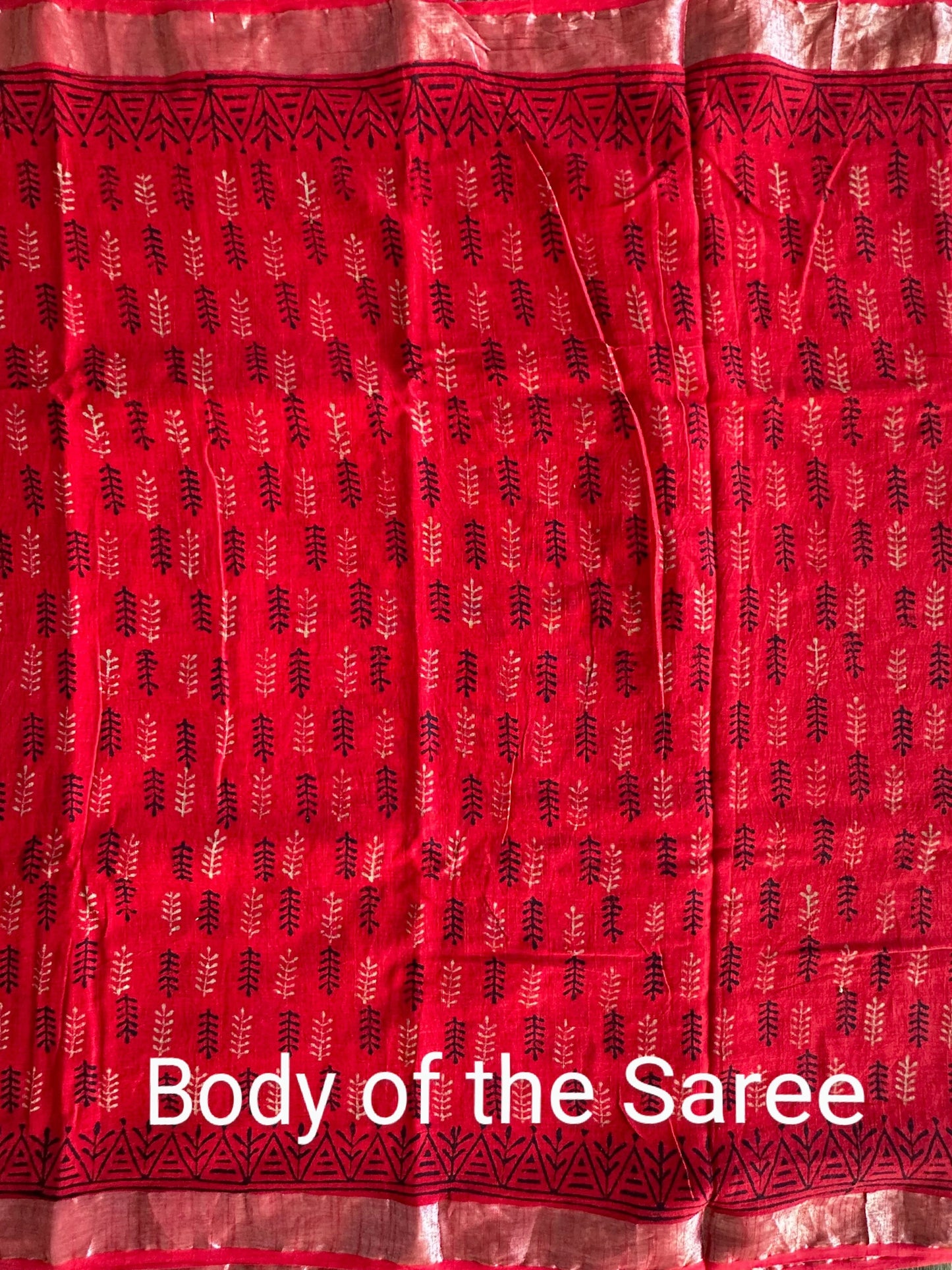 Red Hand Block Printed Linen Saree
