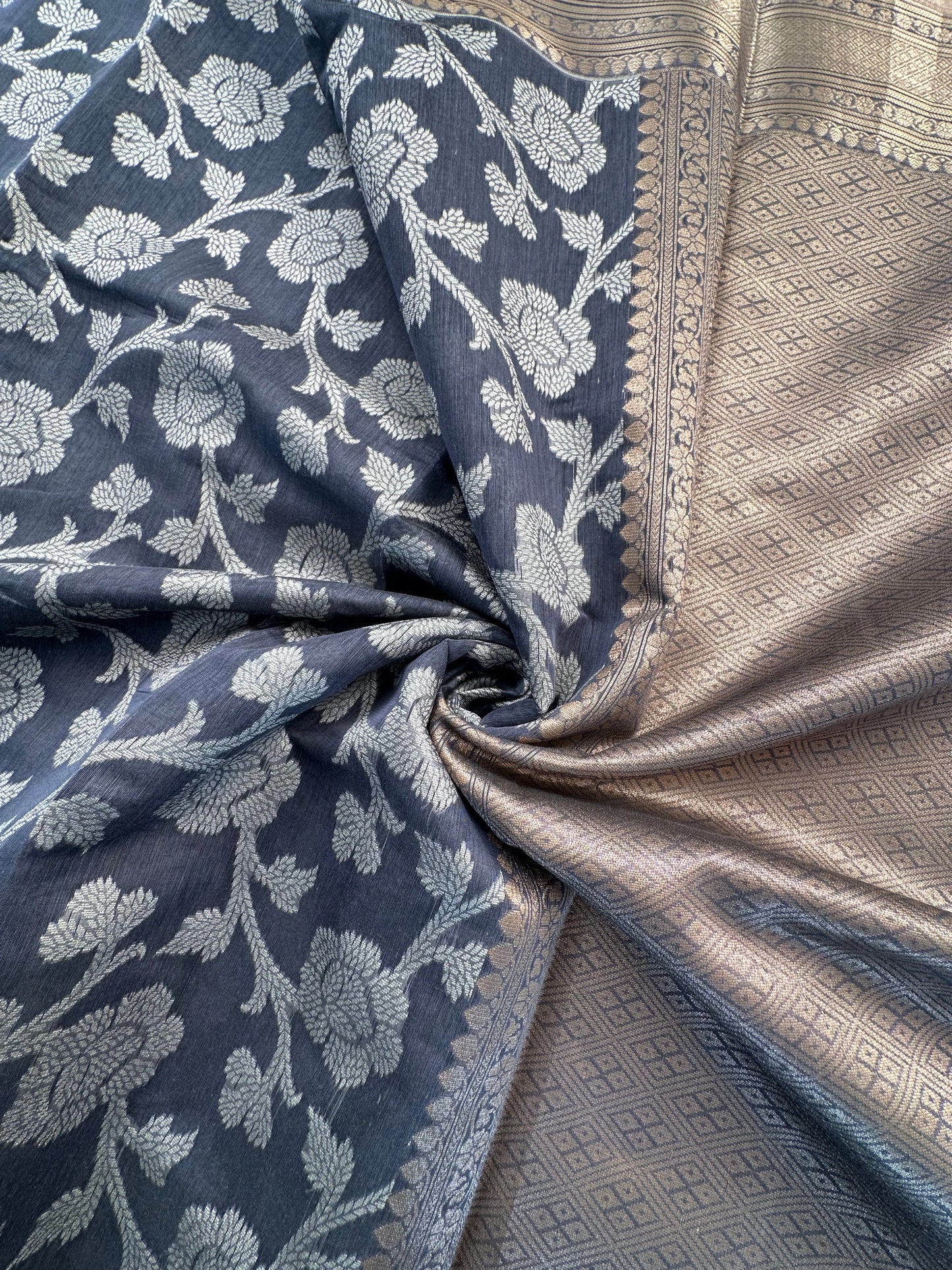 Grey Floral Emboss Chanderi Saree