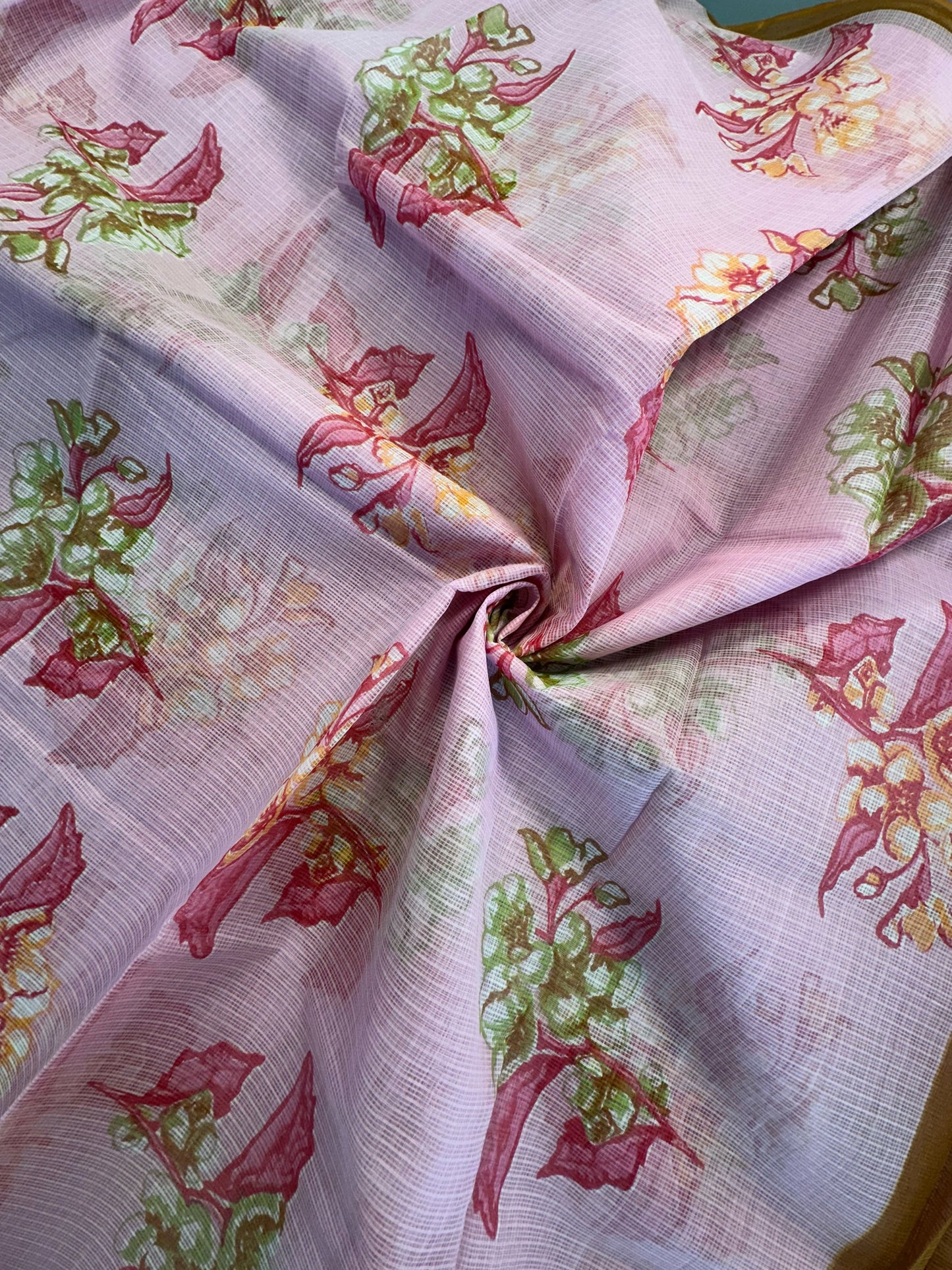 Pink Floral Print Kota Doria Cotton Saree