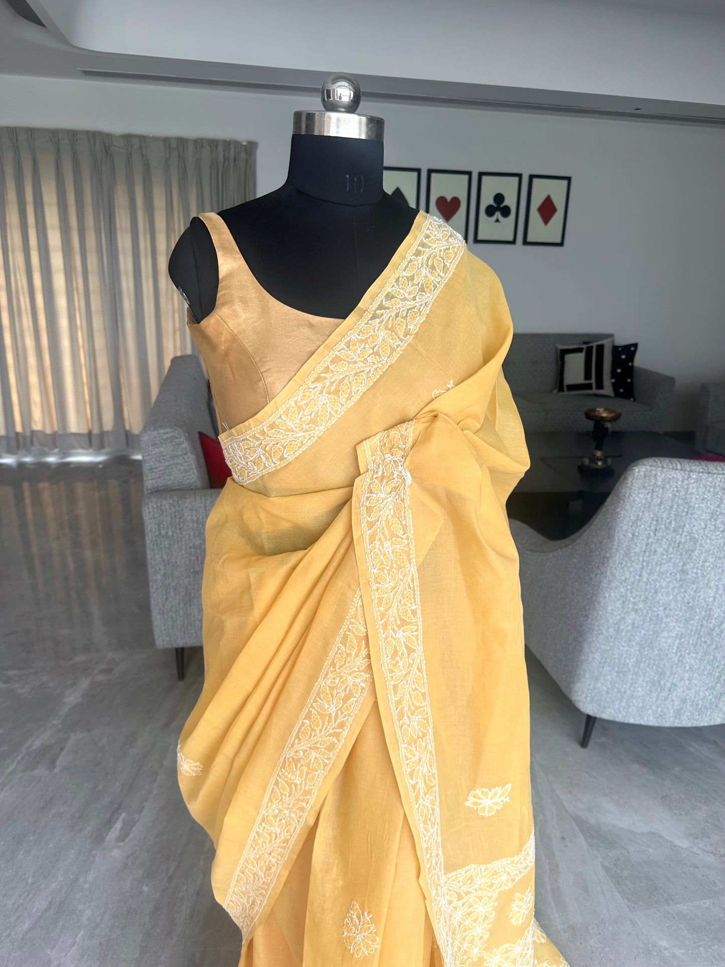Yellow Chikankari Cotton Saree