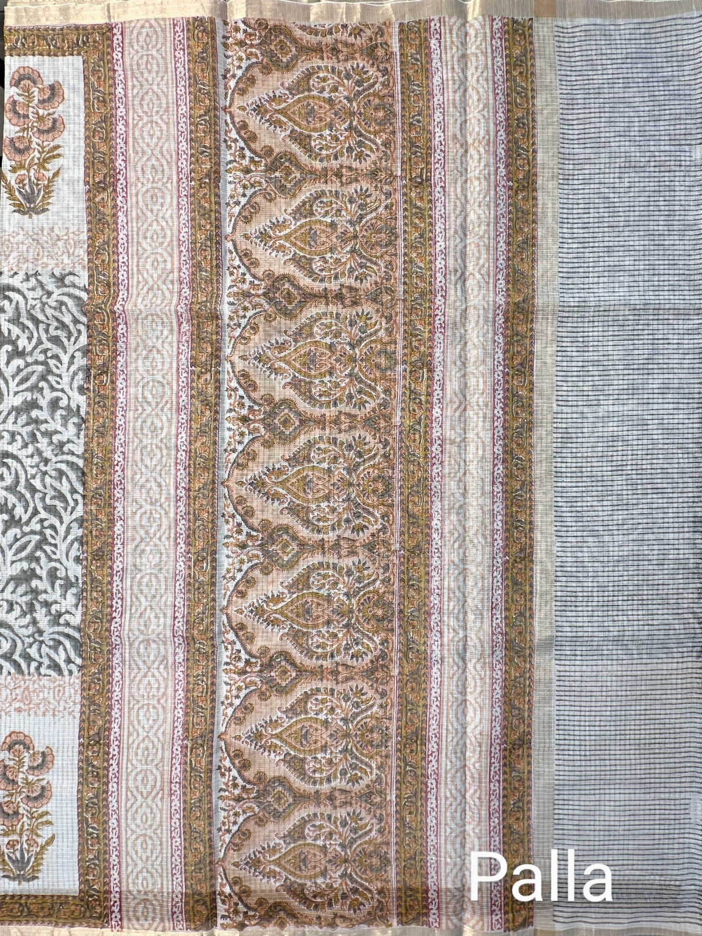 Off White-Dark Grey Block Printed Kota Doria Cotton Saree