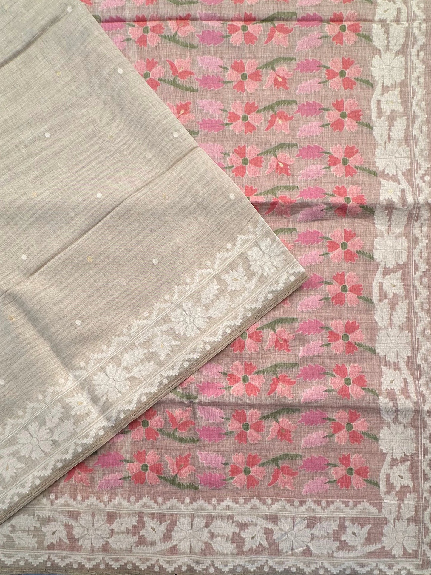Beige-Pink Floral Weave Fancy Cotton Saree
