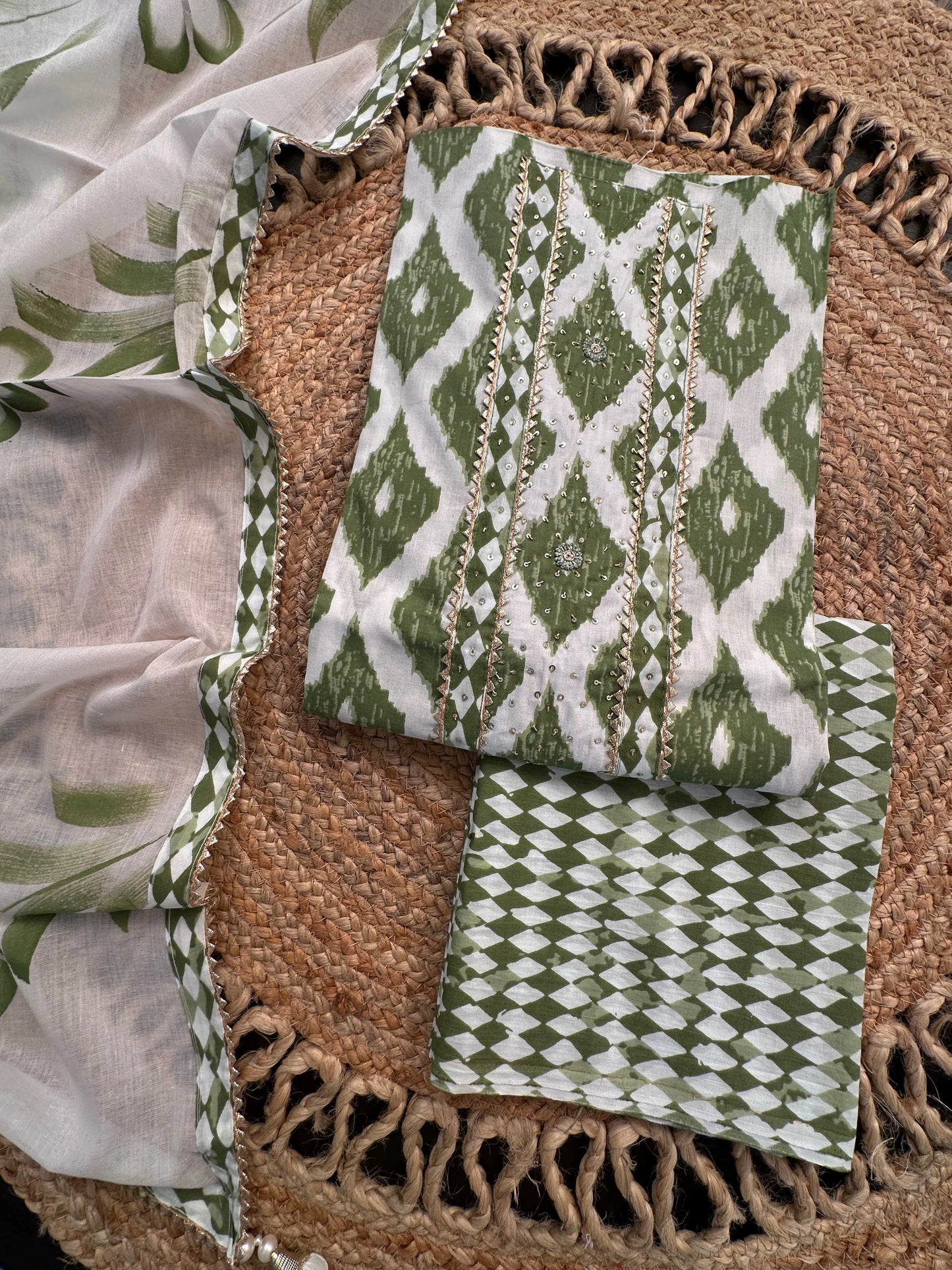 Off White-Green Printed Cotton 3-Piece Suit With Hand-Painted Dupatta