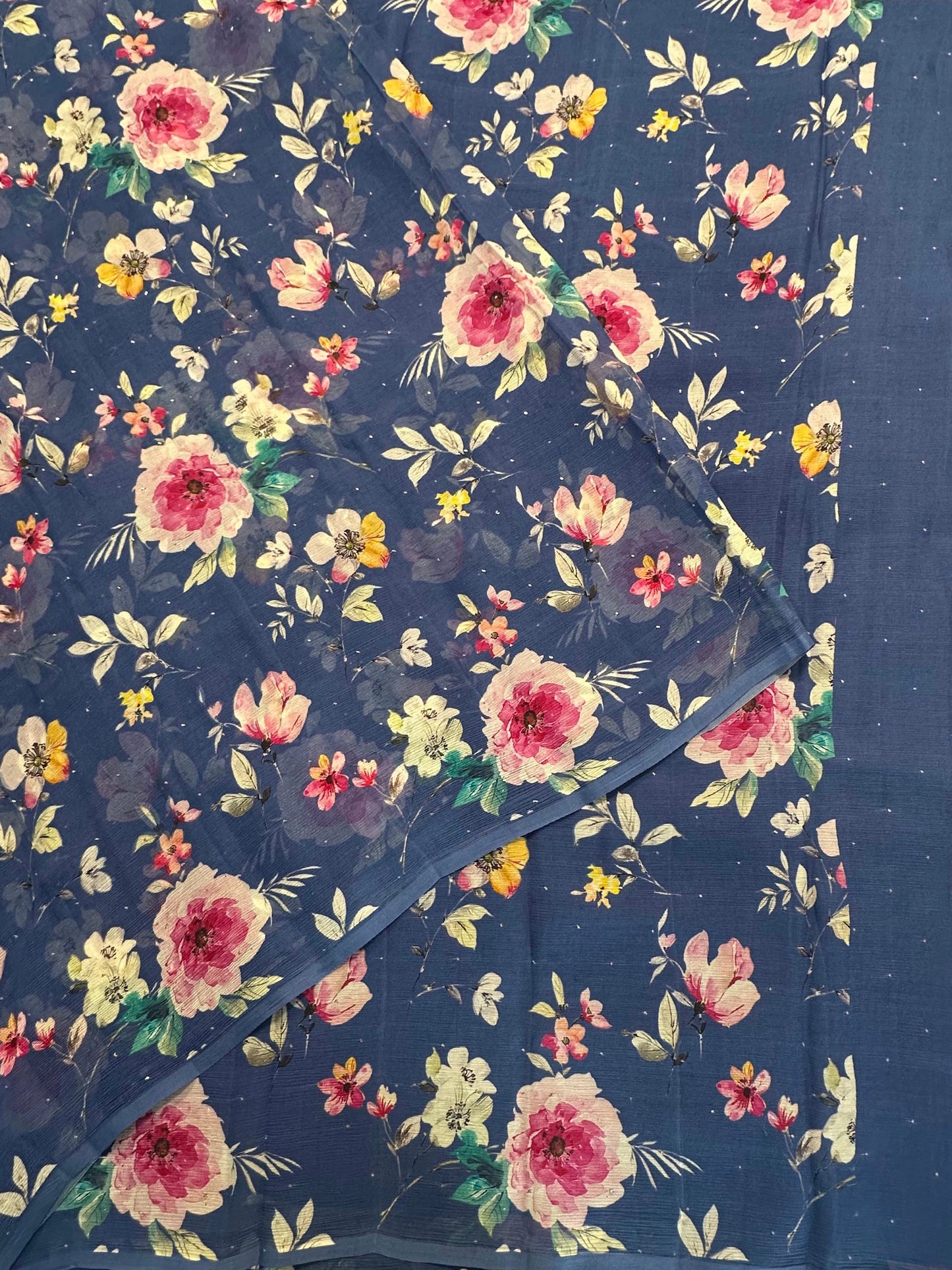 Blue Floral Print Dimond Pure Chiffon Saree