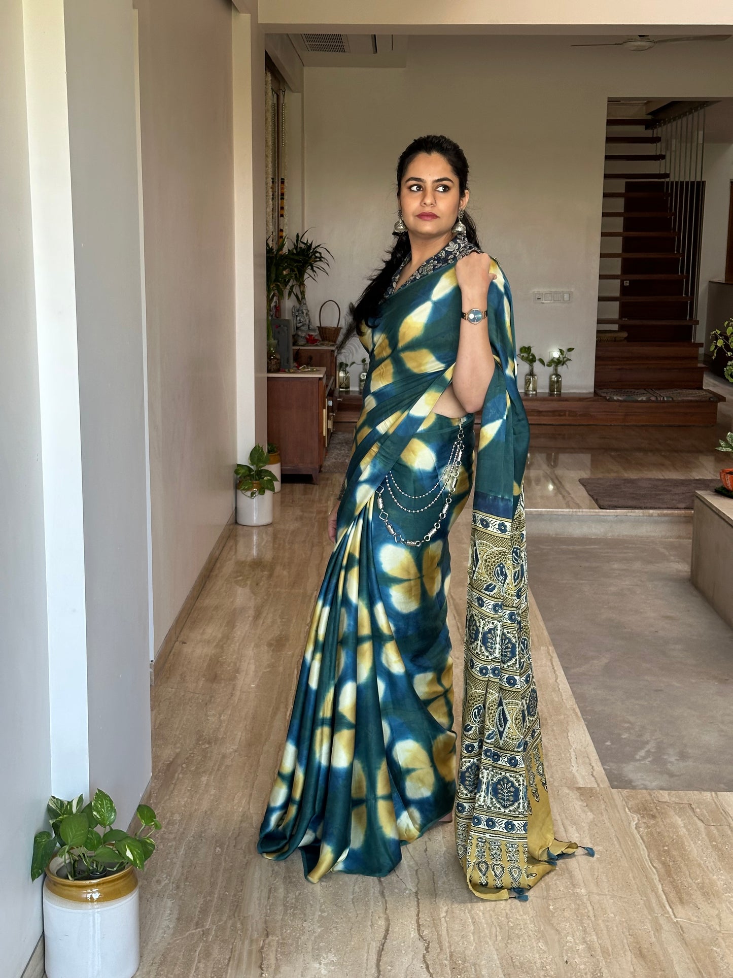 Peacock Blue-Yellow Ajrakh Blended Modal Saree