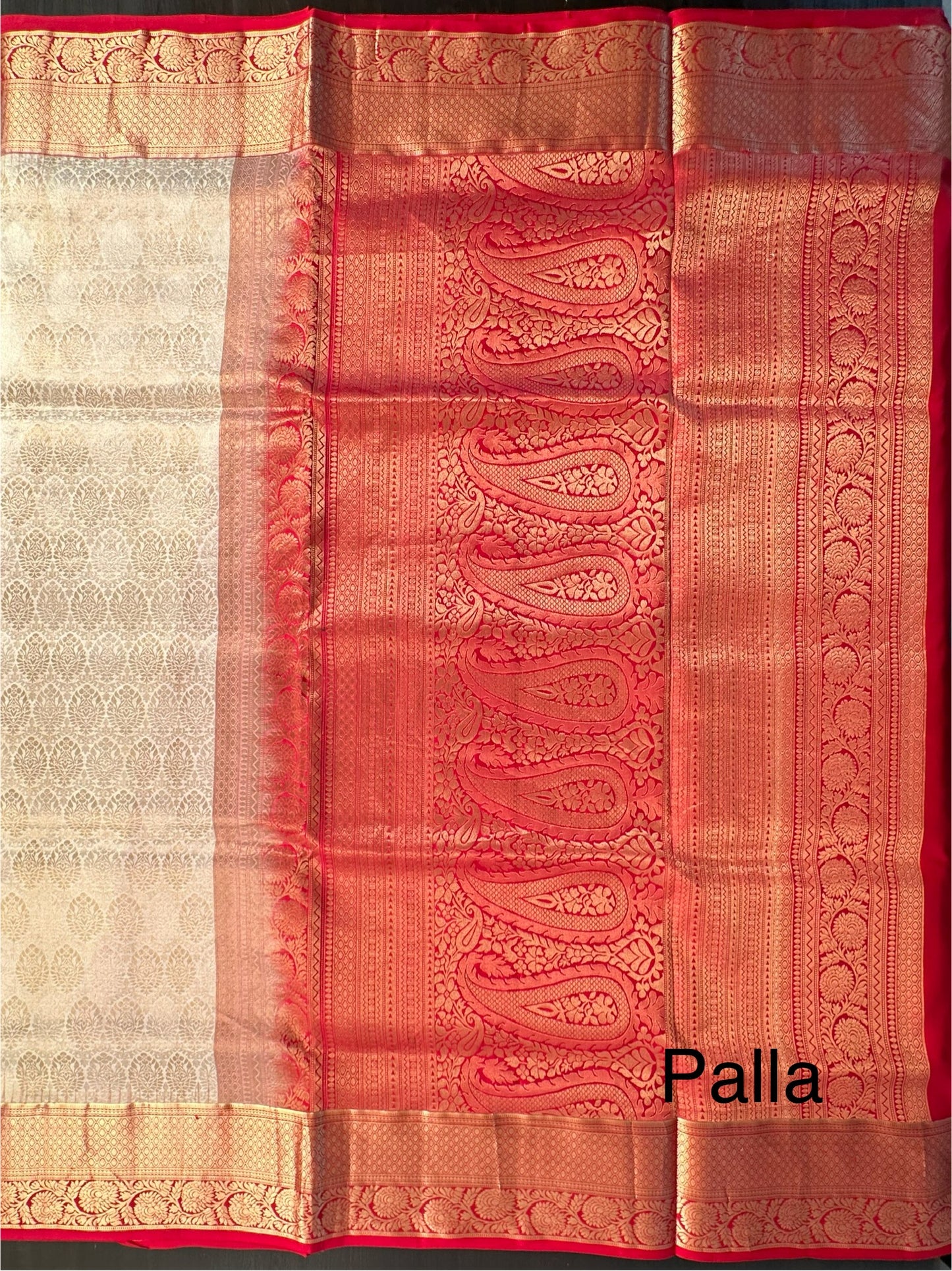 Cream-Red Handloom Kanjivaram Jamawar Pure Silk Saree