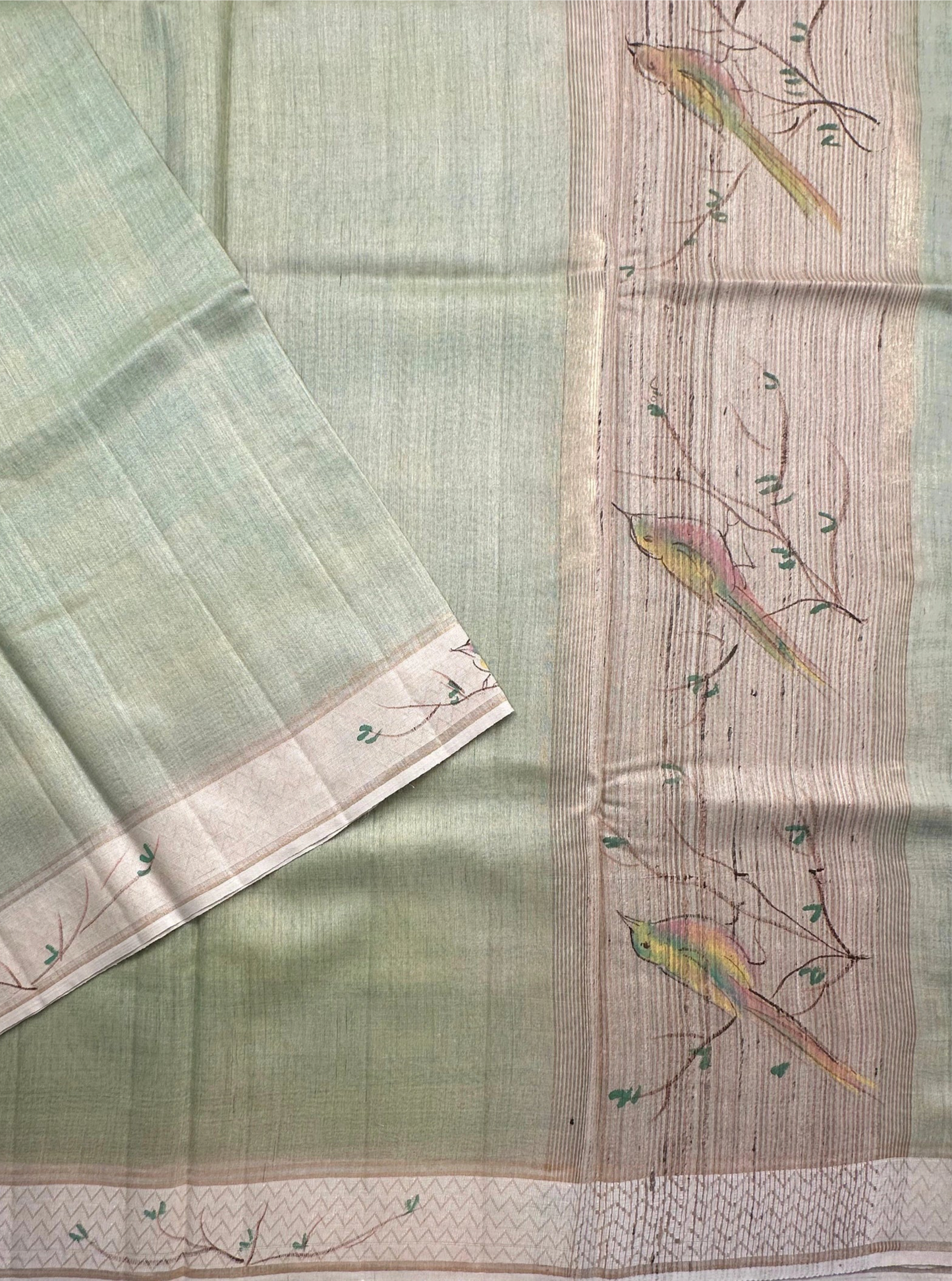 Pista Green Hand Print Muga Silk Saree