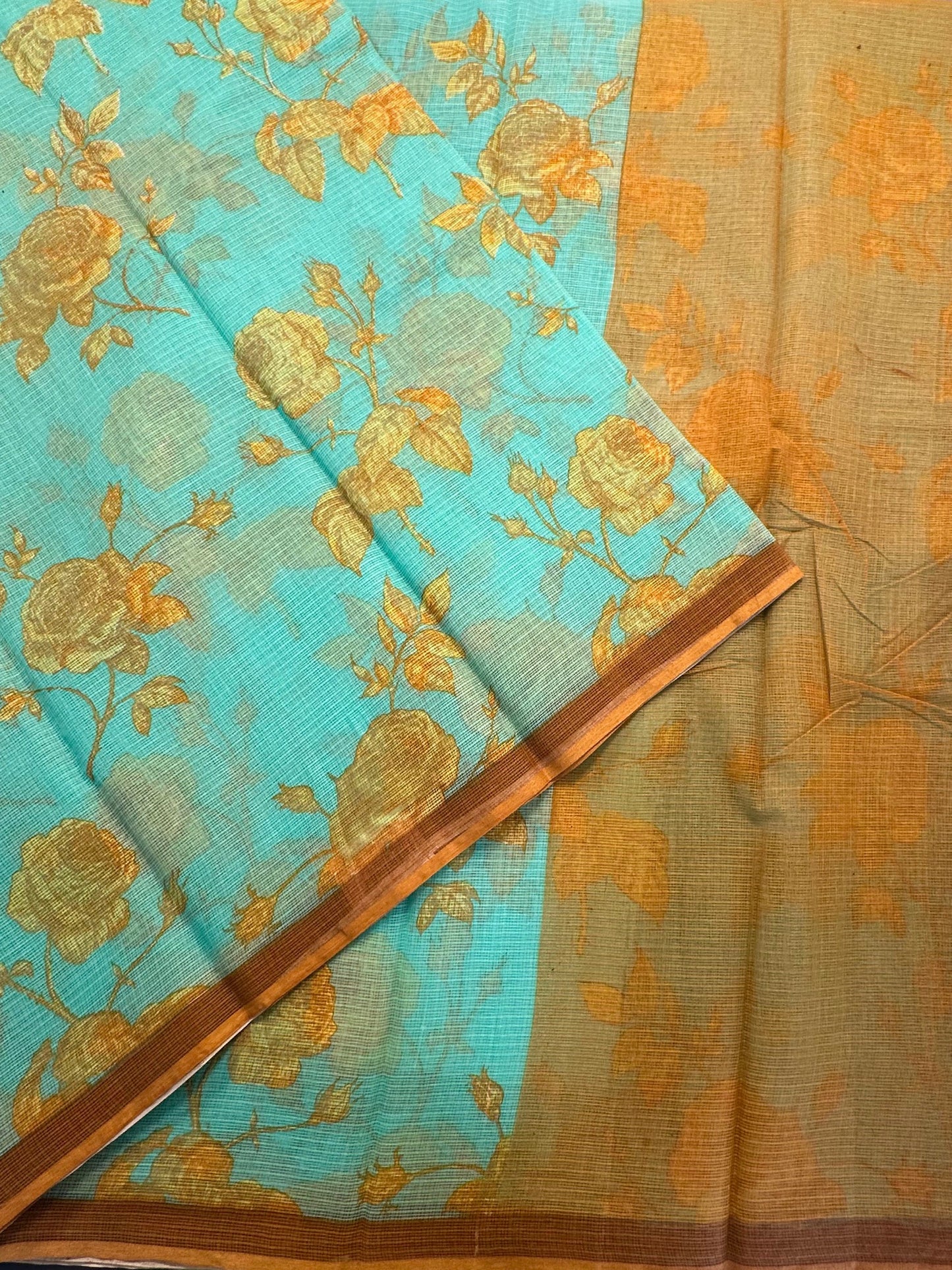 Sea Green Floral Print Kota Doria Cotton Saree