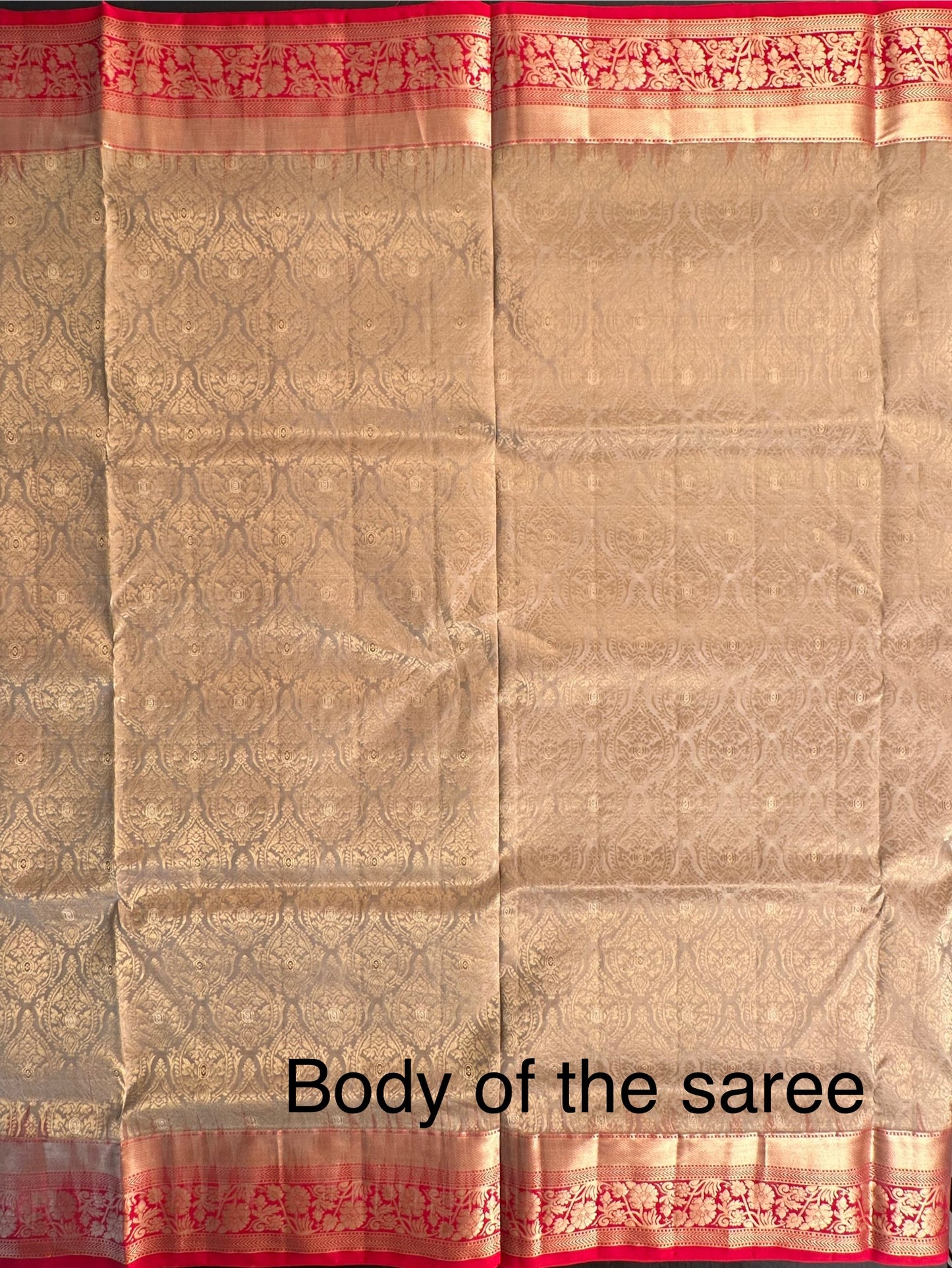 Beige-Red Handloom Kanjivaram Jamawar Pure Silk Saree