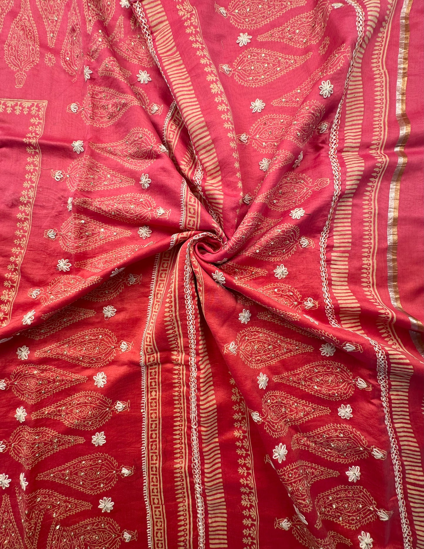 Coral Pink-Rani Block Print Chanderi Saree With Kaantha Stitch