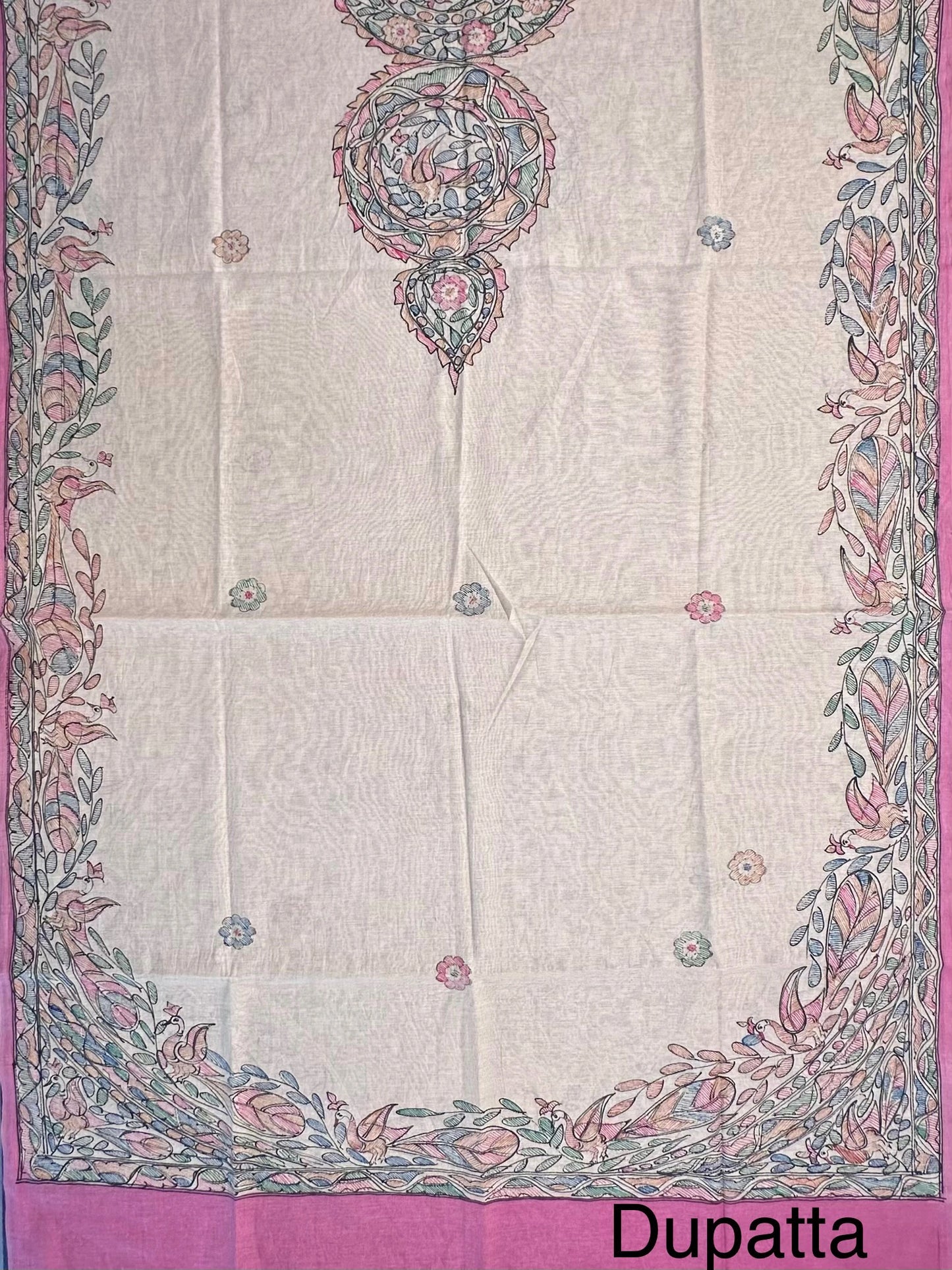 Pink Chanderi 3-Piece Unstitched Suit With Madhubani Dupatta