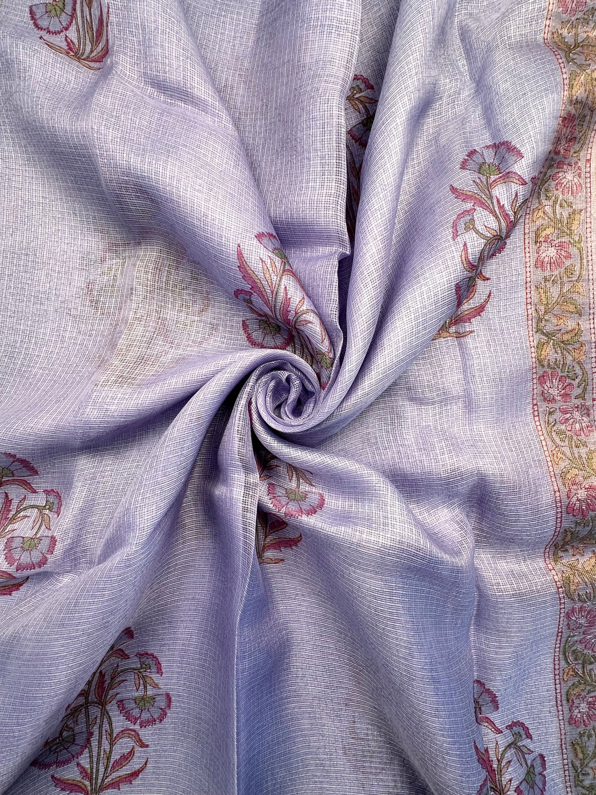 Blue Hand Block-Print Pure Kota Doria Silk Saree