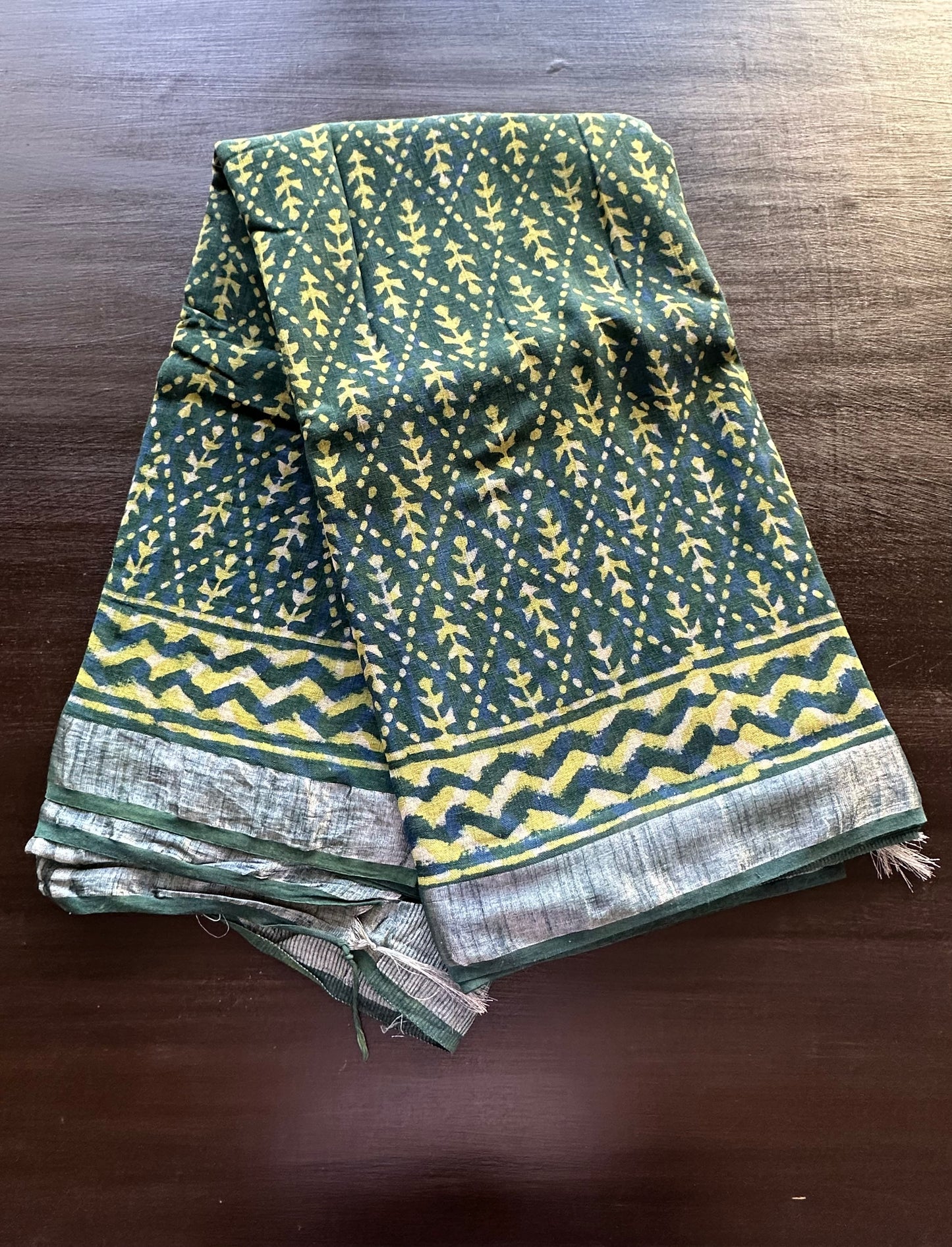 Peacock Blue Hand Block Print Linen Saree