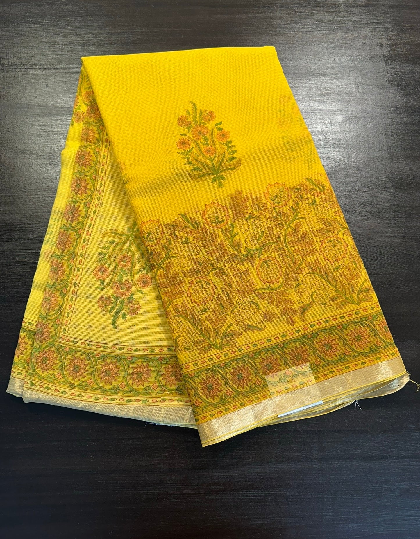 Mustard Block Print Kota Doria Cotton Saree