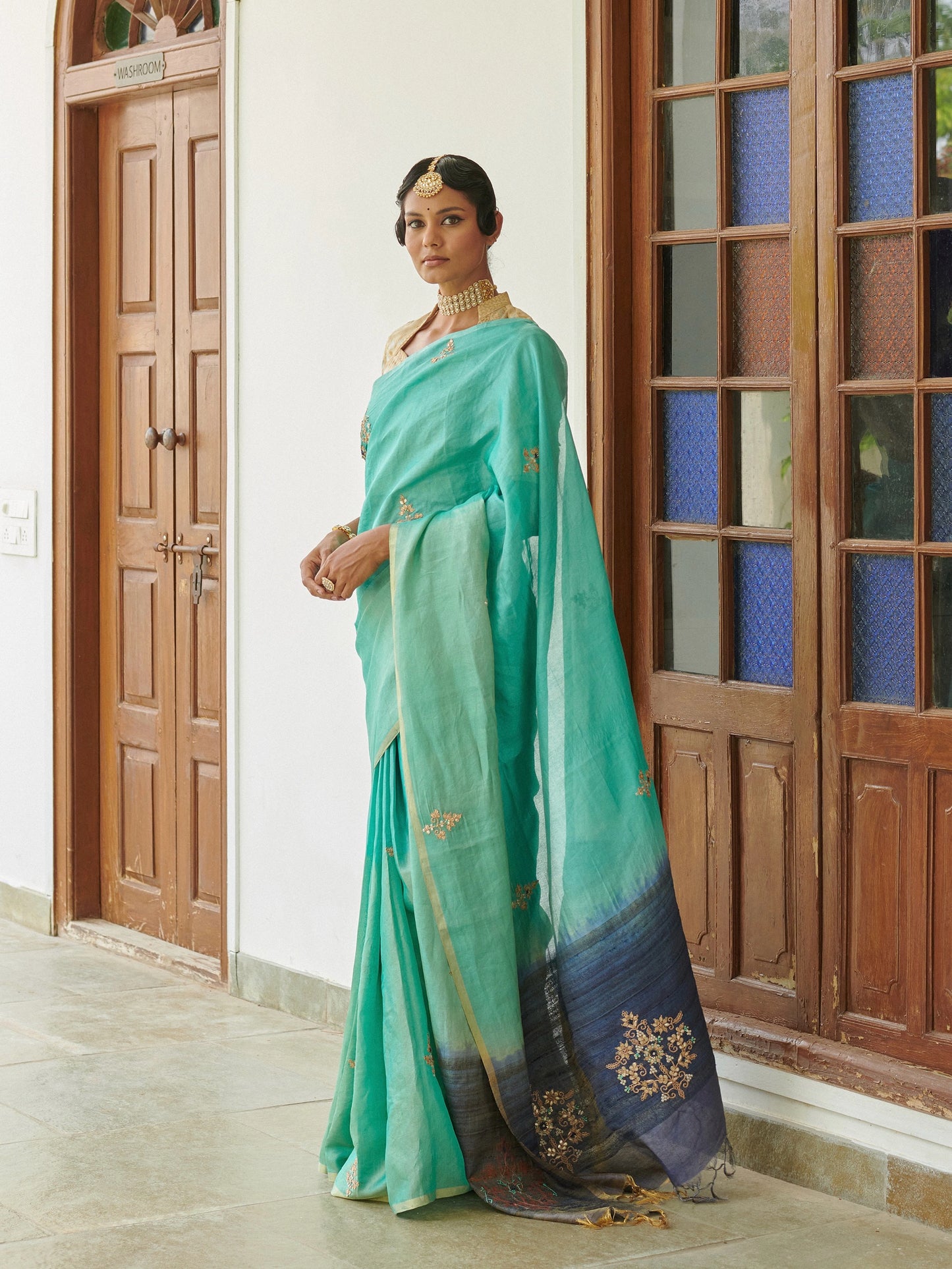 Firozi Tussar Saree With Zari Work