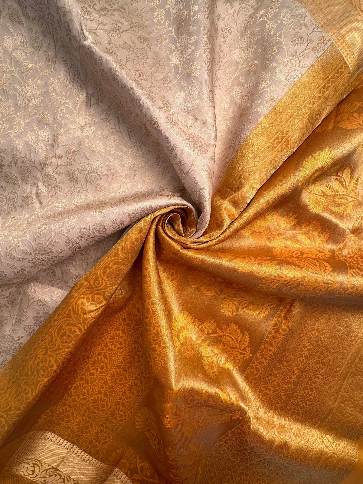 Cream-Mustard Zari Jamawar Pure Silk Saree