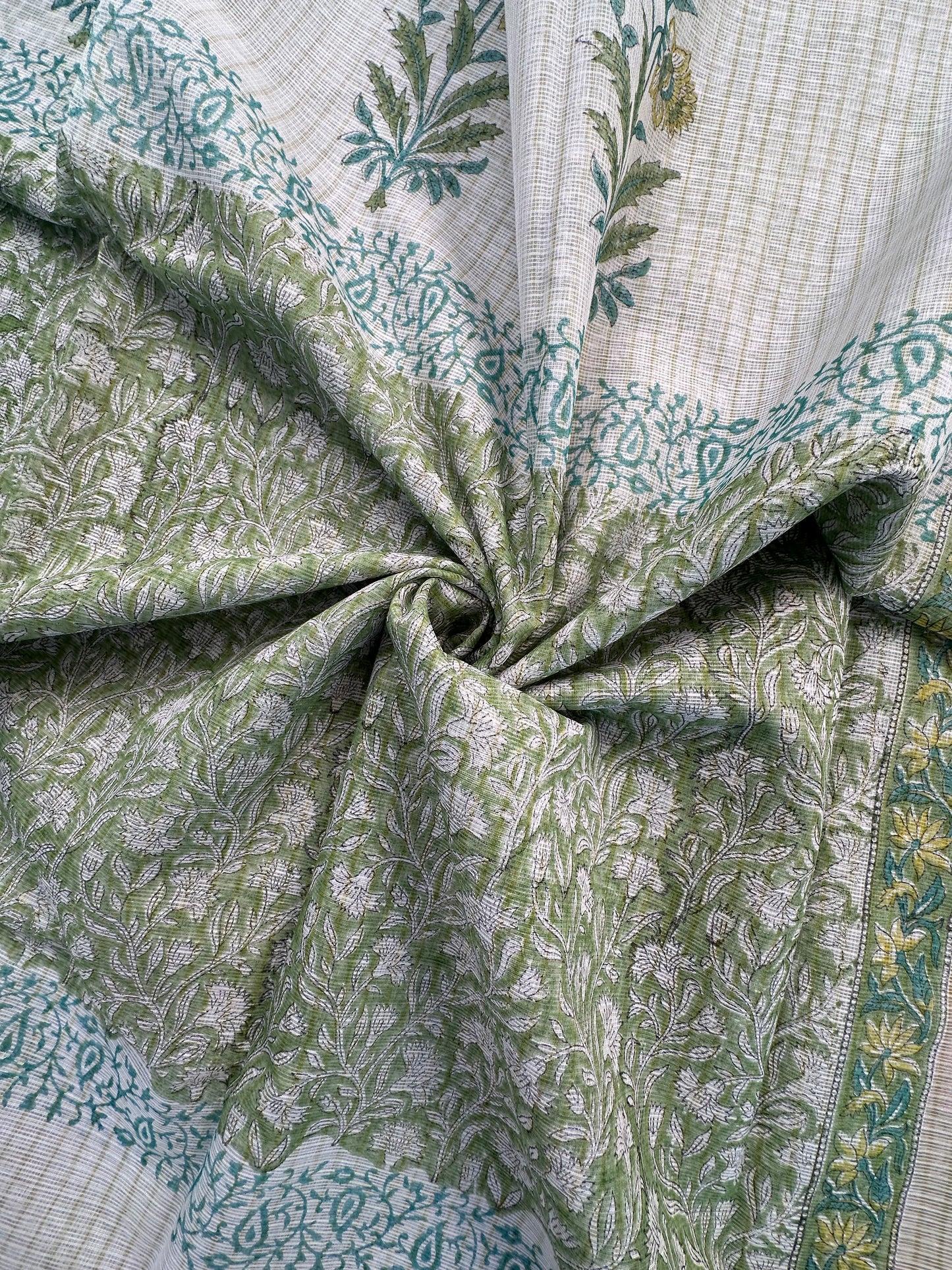 Off White- Green Block Printed Kota Doria Cotton Saree