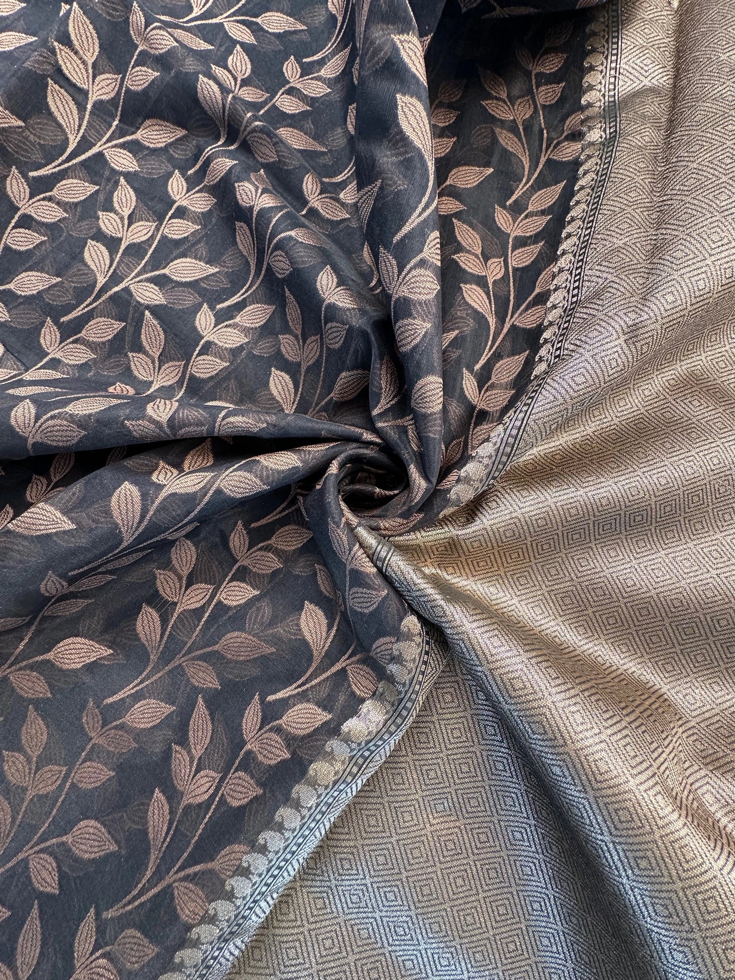 Black Floral Emboss Chanderi Saree
