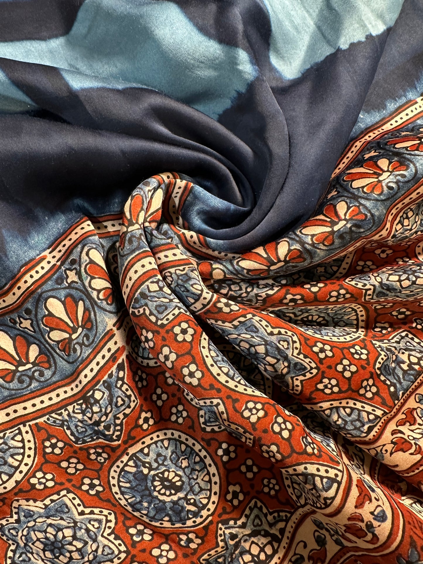 Blue-Rust Ajrakh Blended Modal Saree