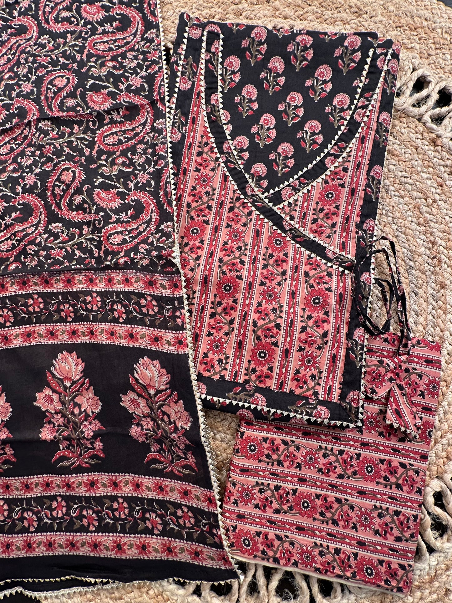 Black Angrakha Printed Cotton 3-Piece Suit