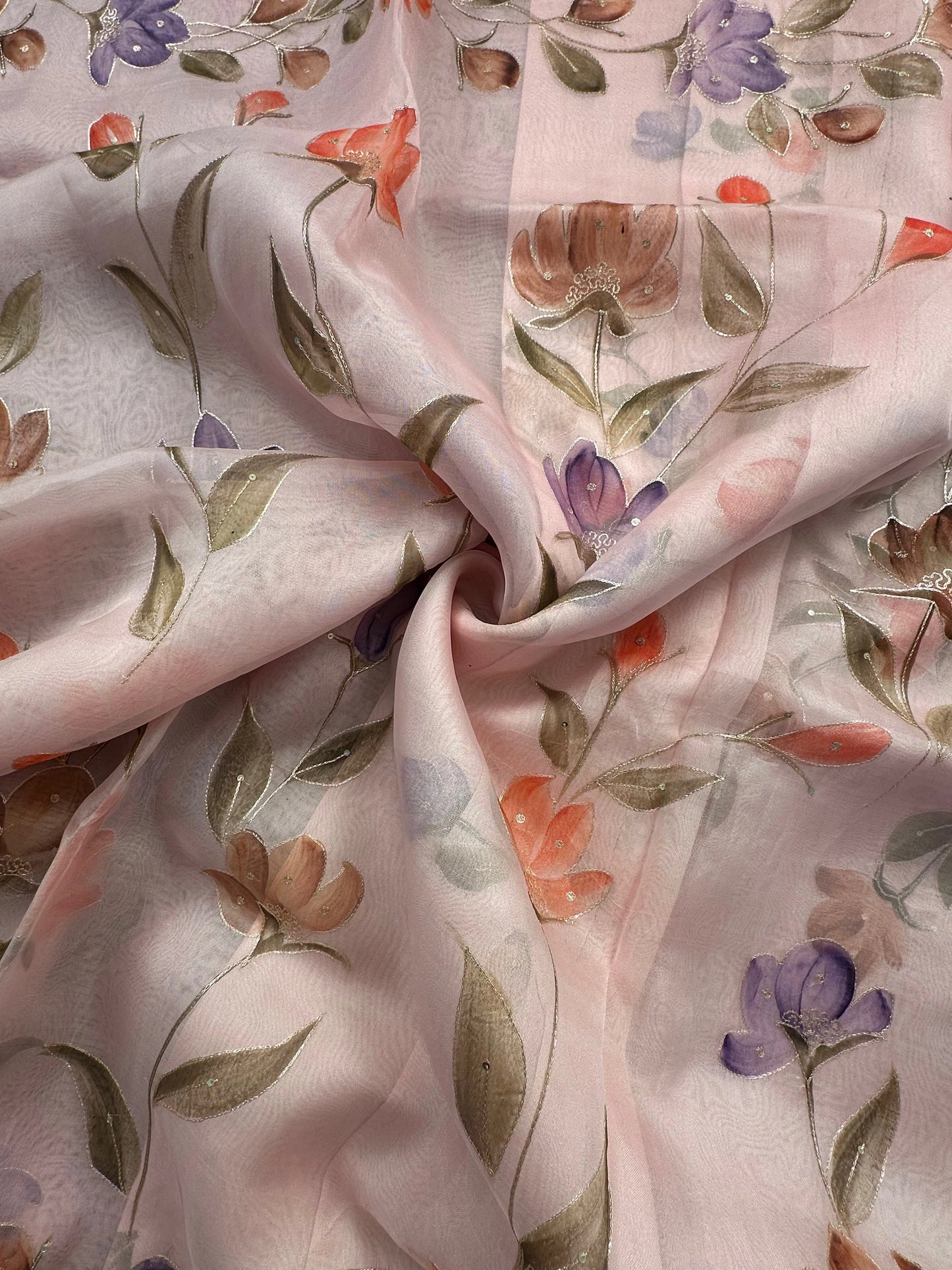 Baby Pink Floral Print Organza Saree