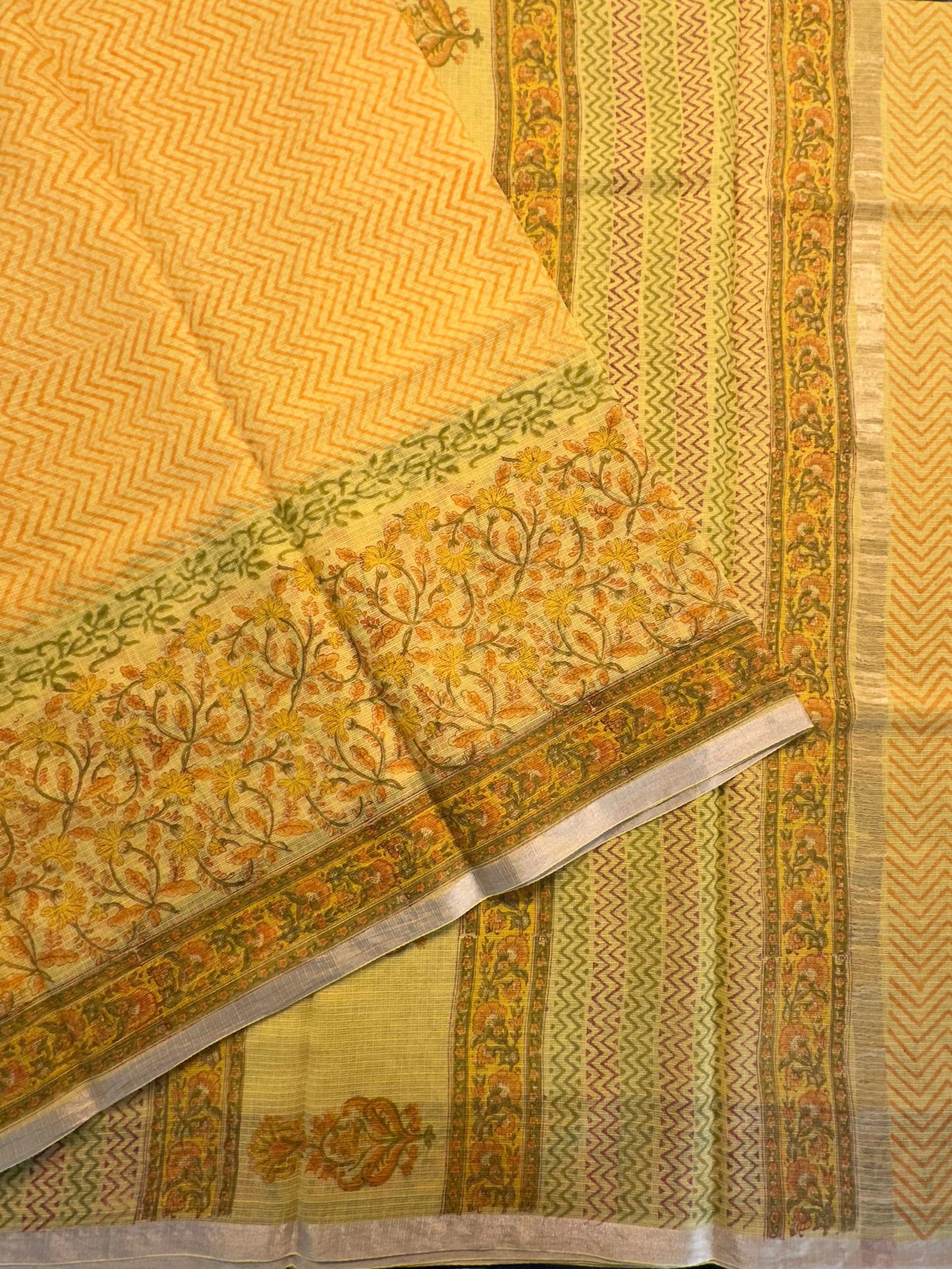 Yellow Block Print Kota Doria Cotton Saree