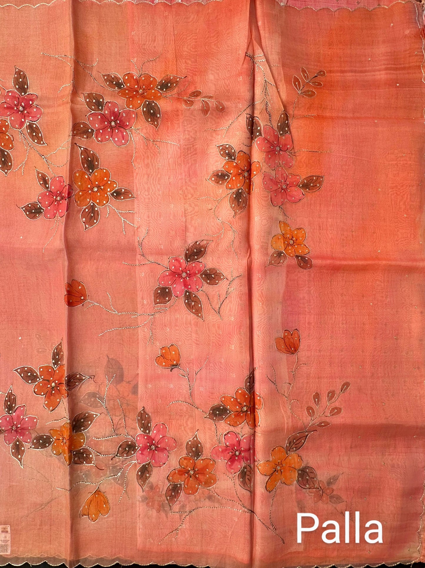 Peach Floral Print Organza Saree